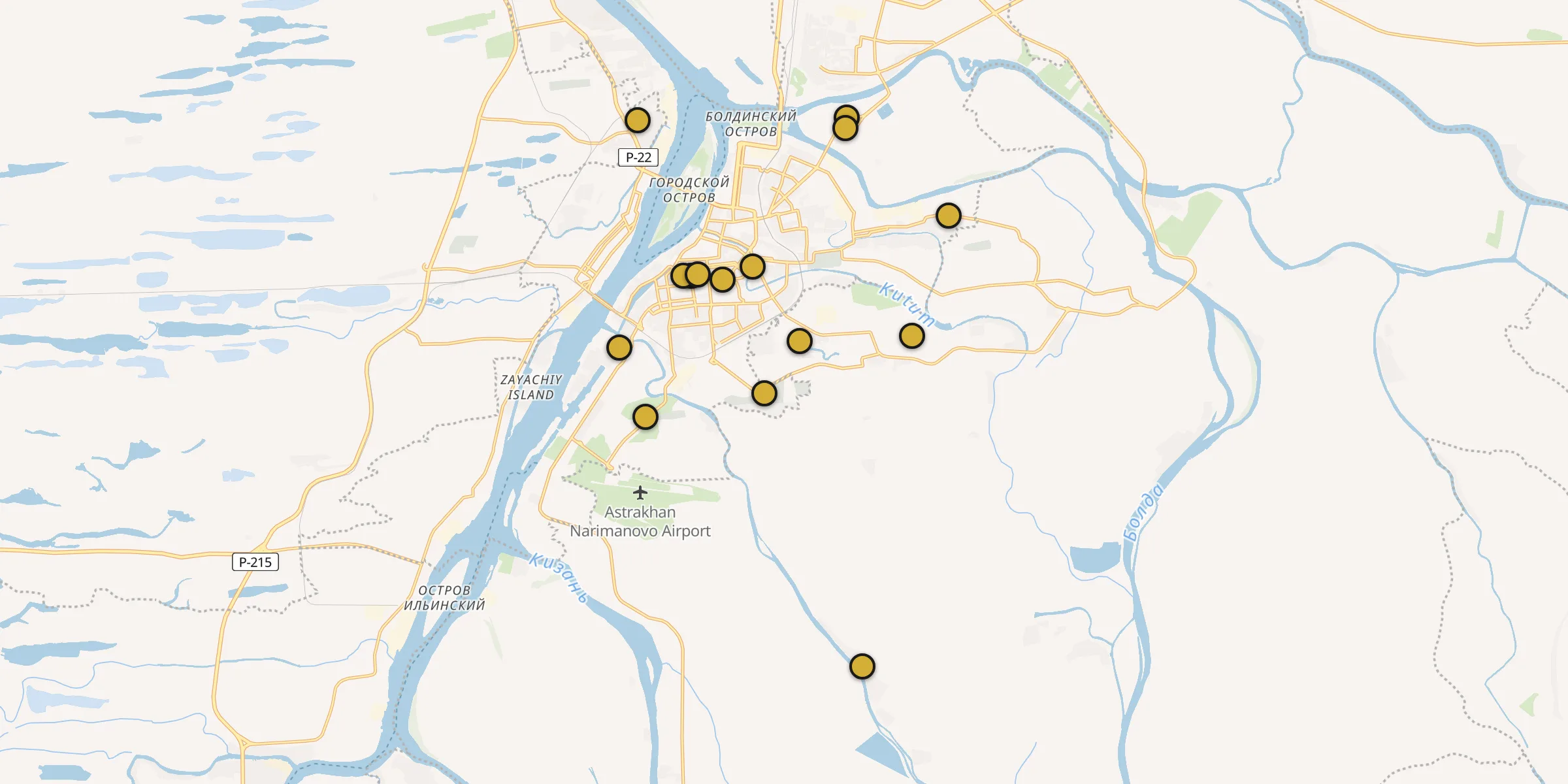 Plan des mosquées à Astrakhan : cliquez sur un point pour voir la fiche
