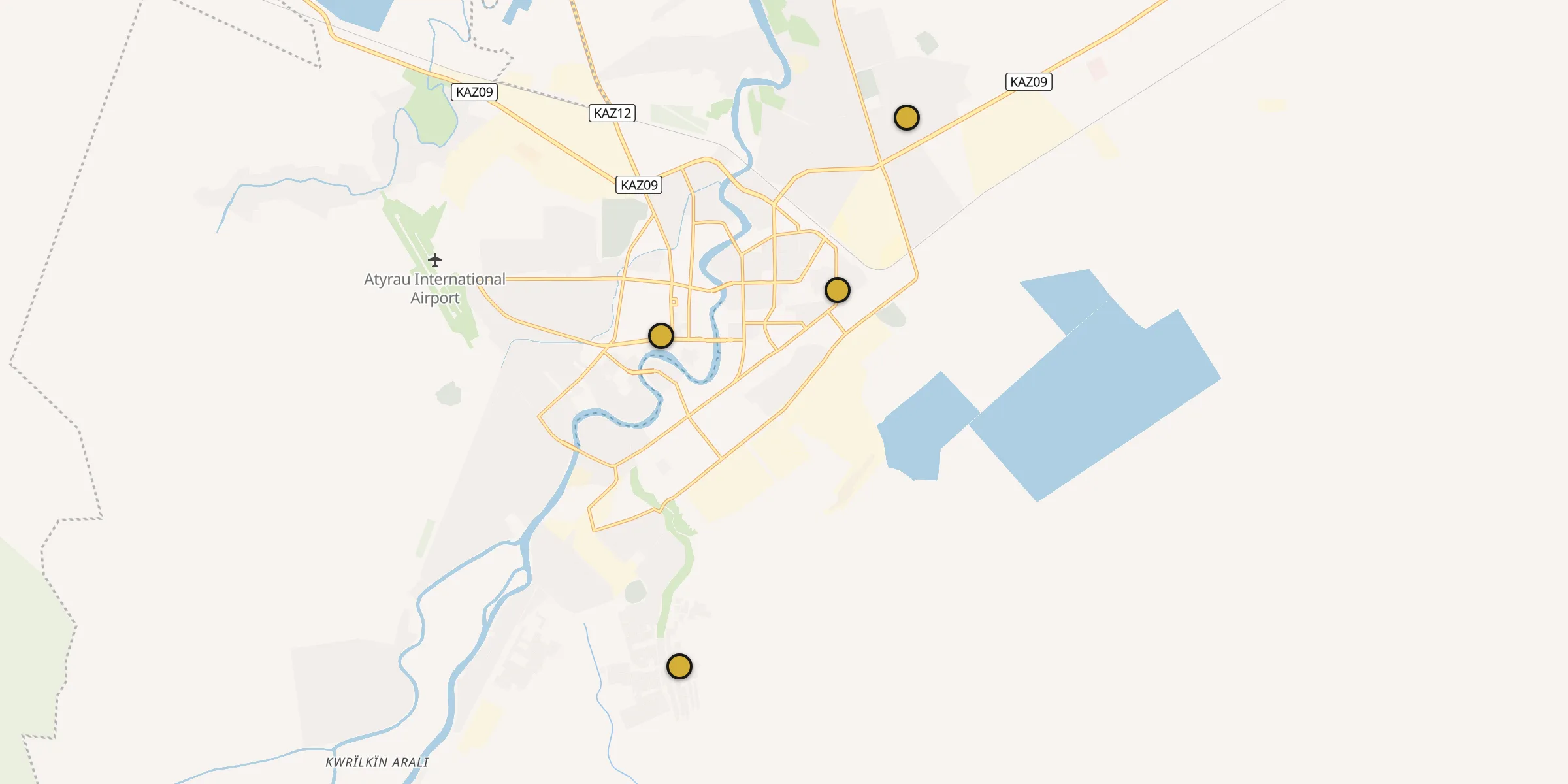 Plan des mosquées à Atyraou : cliquez sur un point pour voir la fiche
