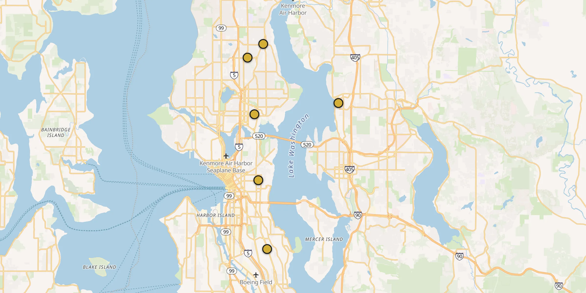 Plan des mosquées à Seattle : cliquez sur un point pour voir la fiche