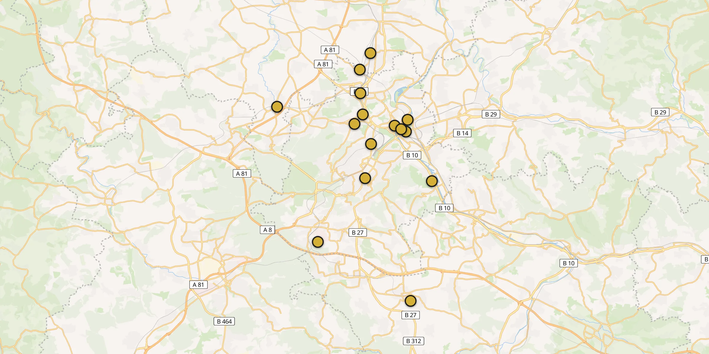 Plan des mosquées à Stuttgart : cliquez sur un point pour voir la fiche