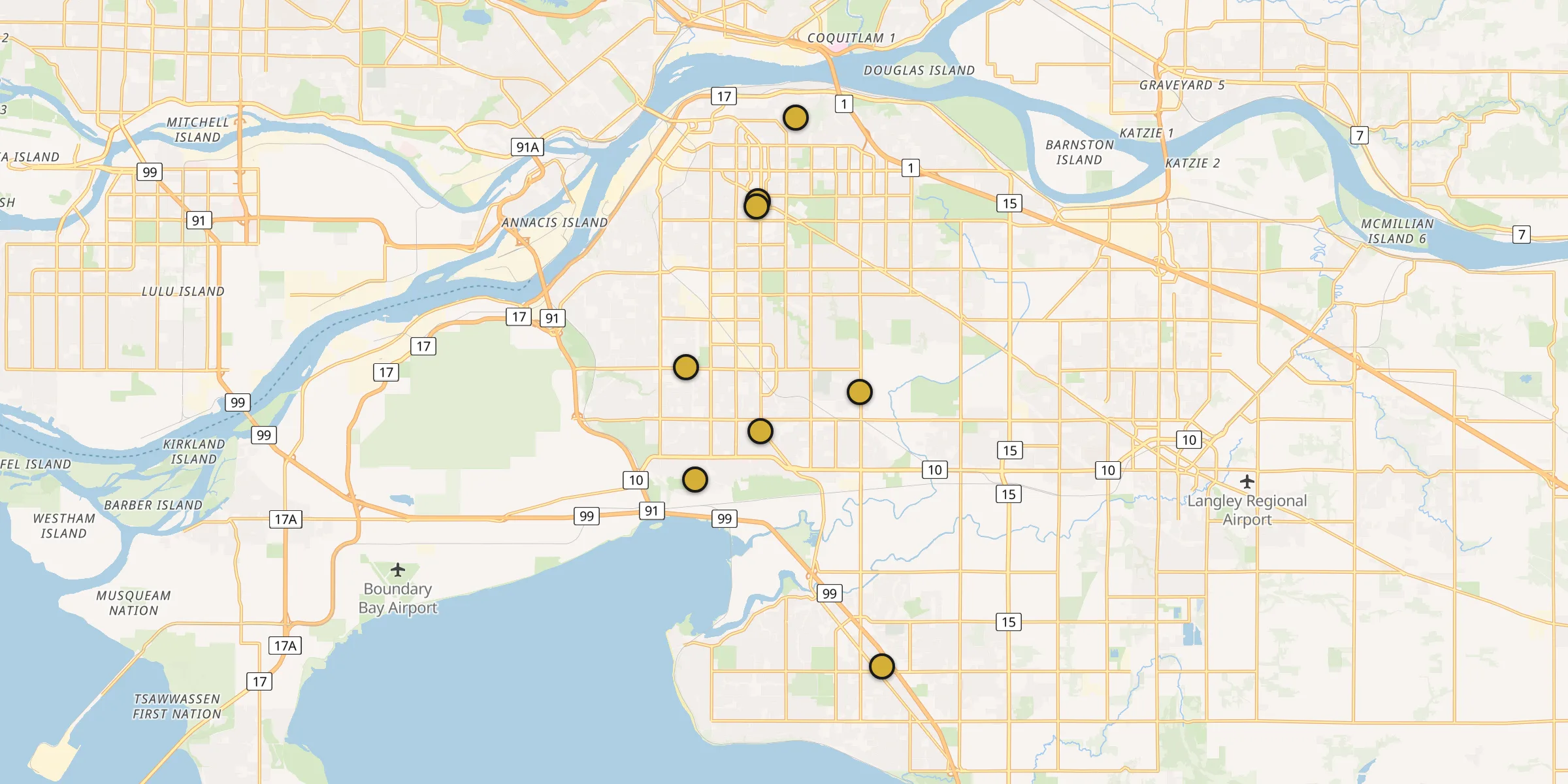 Plan des mosquées à Surrey : cliquez sur un point pour voir la fiche