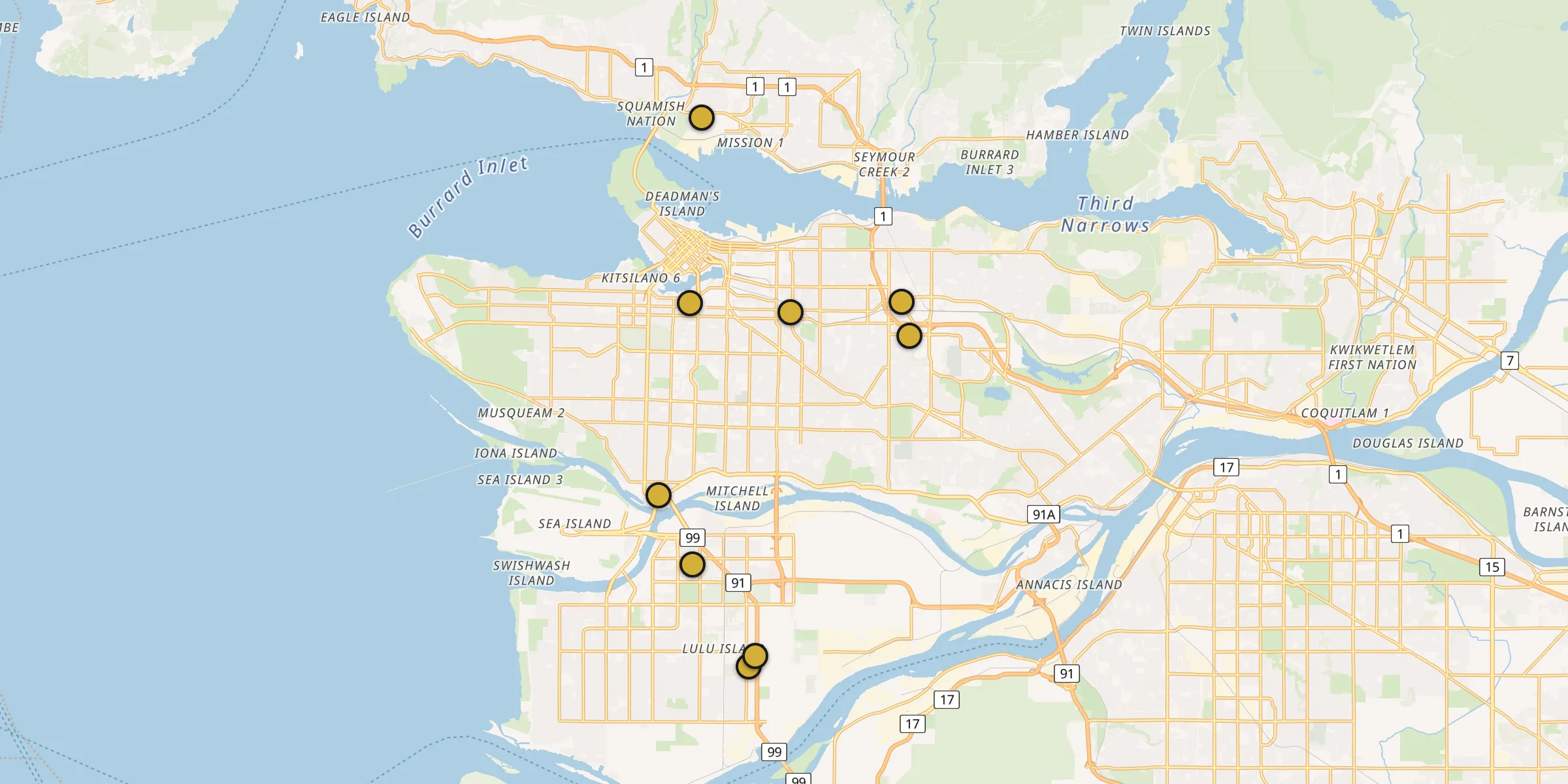 Plan des mosquées à Vancouver : cliquez sur un point pour voir la fiche