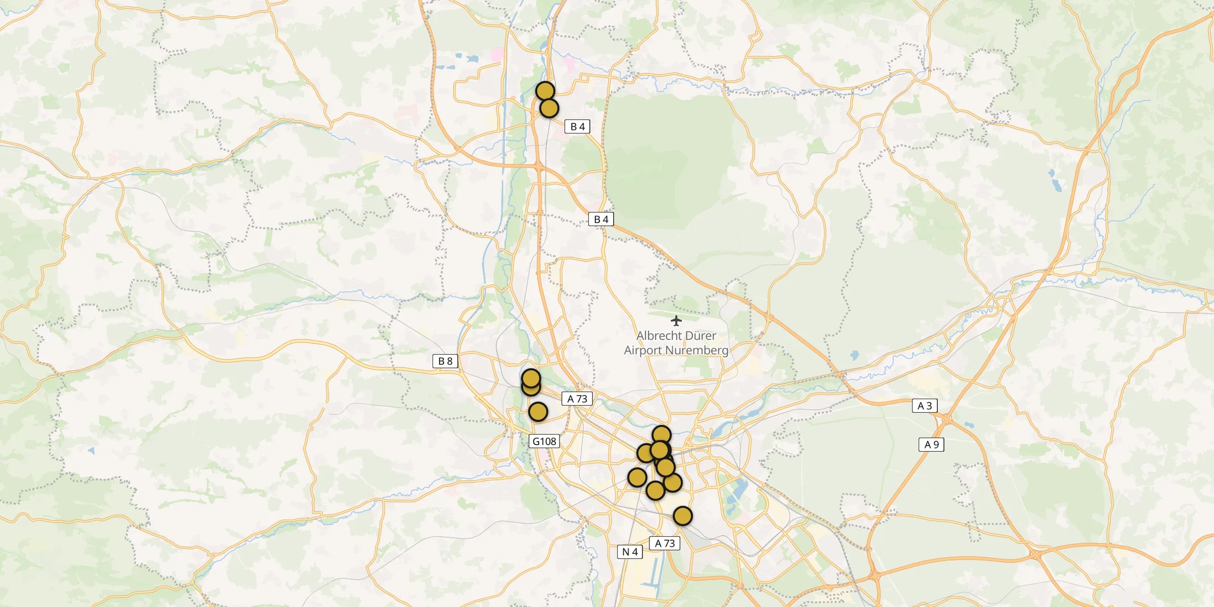 Plan des mosquées à Nuremberg : cliquez sur un point pour voir la fiche