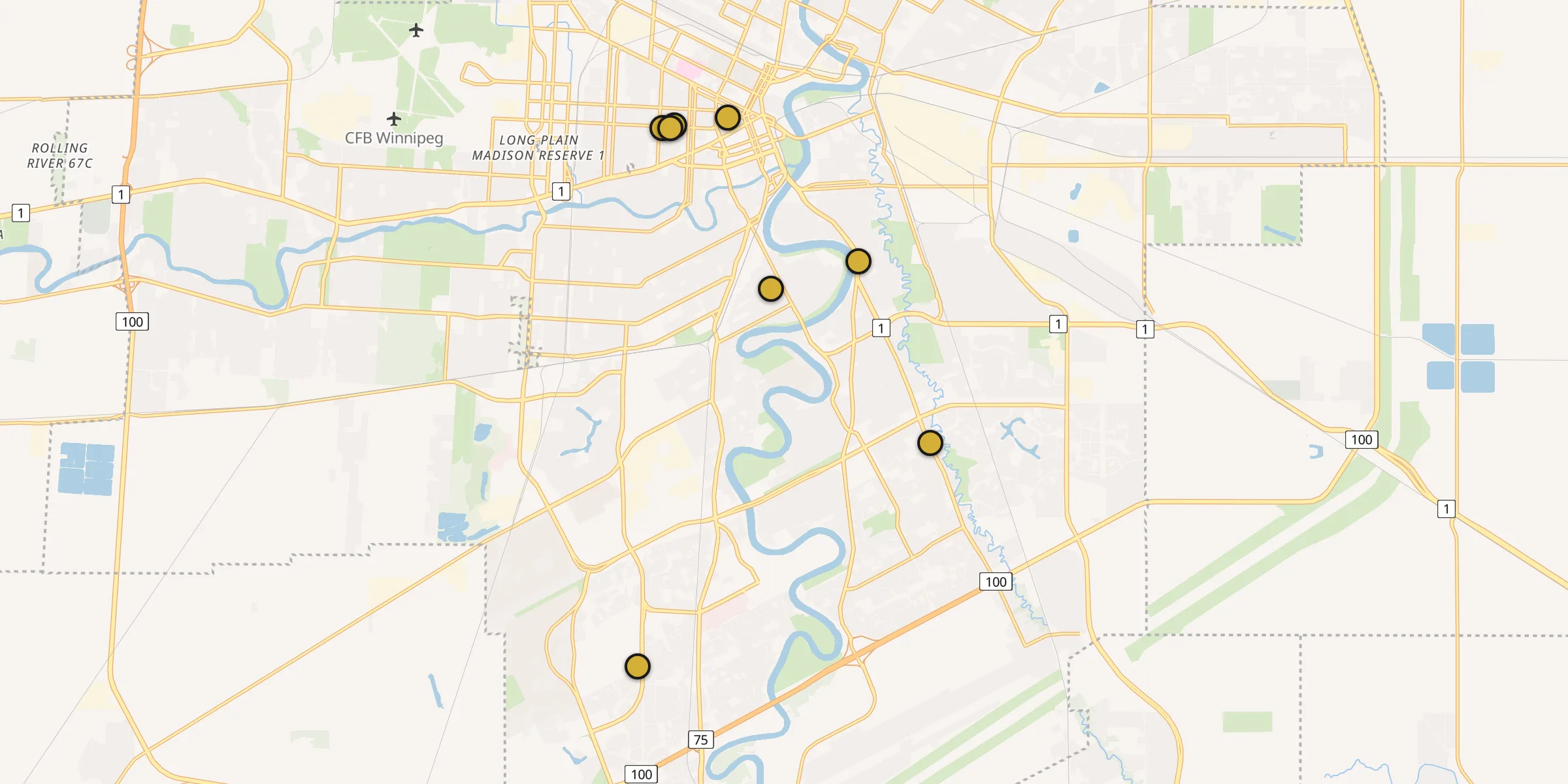 Plan des mosquées à Winnipeg : cliquez sur un point pour voir la fiche