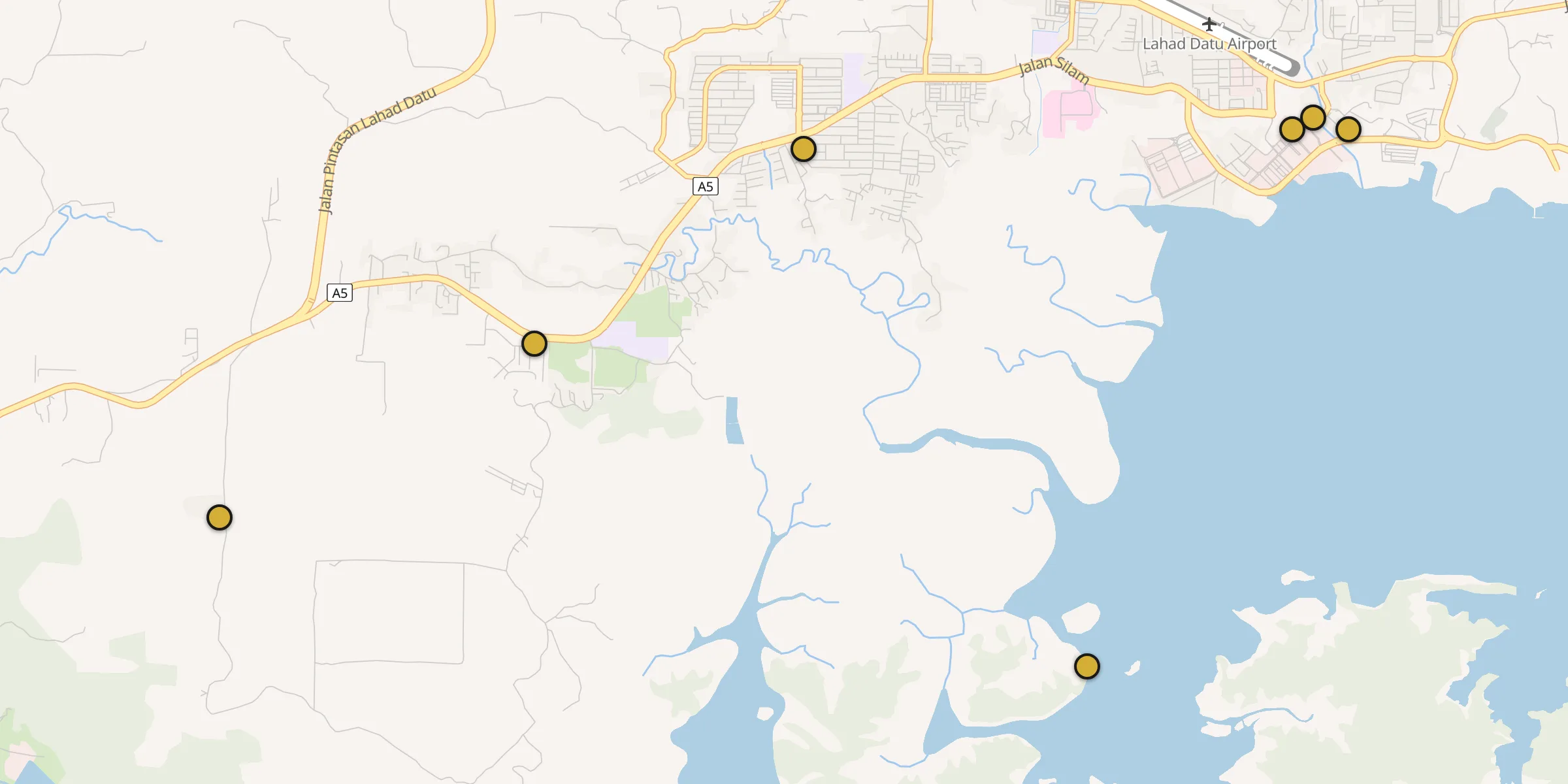 Plan des mosquées à Lahad Datu : cliquez sur un point pour voir la fiche