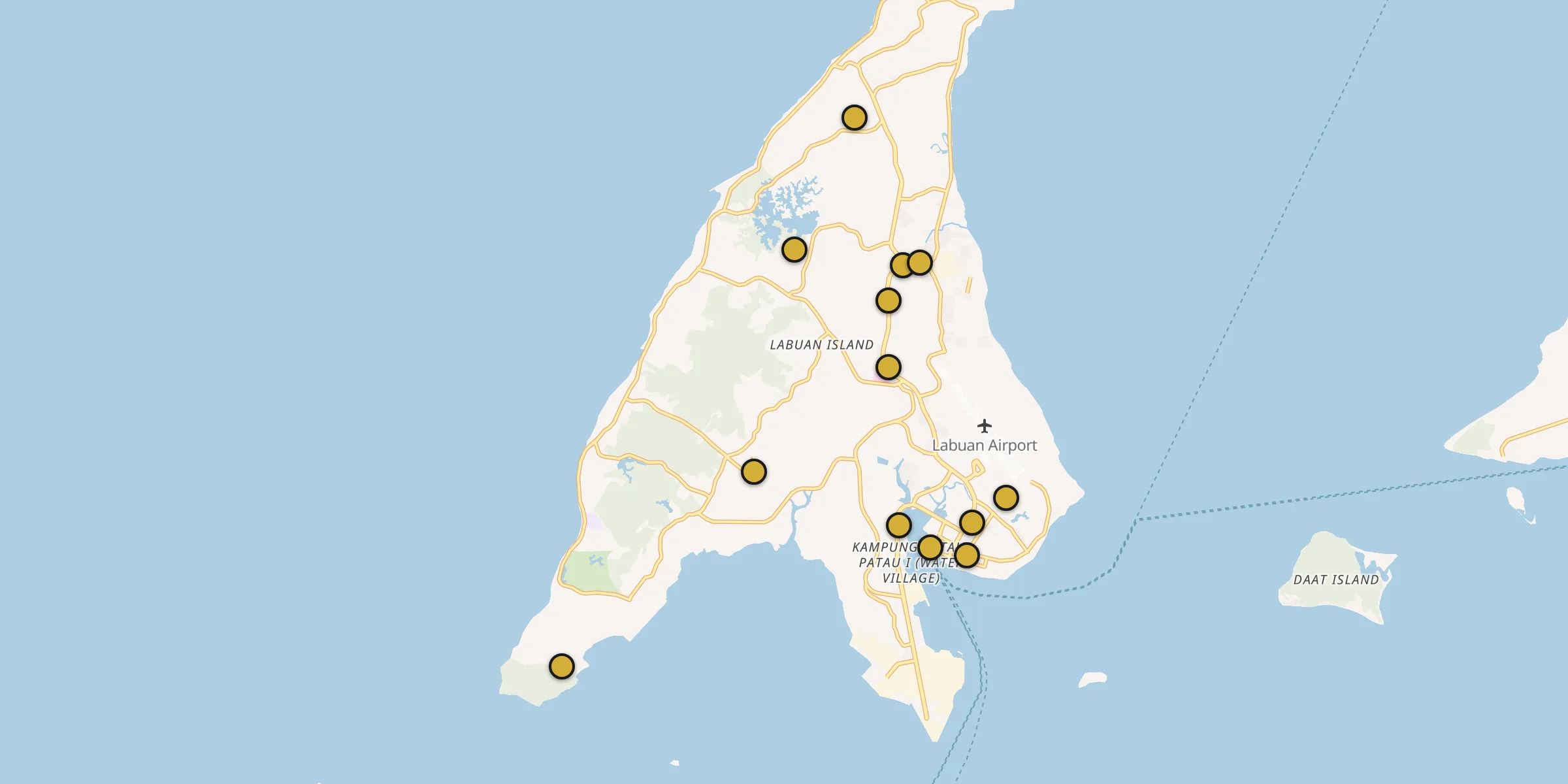 Plan des mosquées à Labuan : cliquez sur un point pour voir la fiche