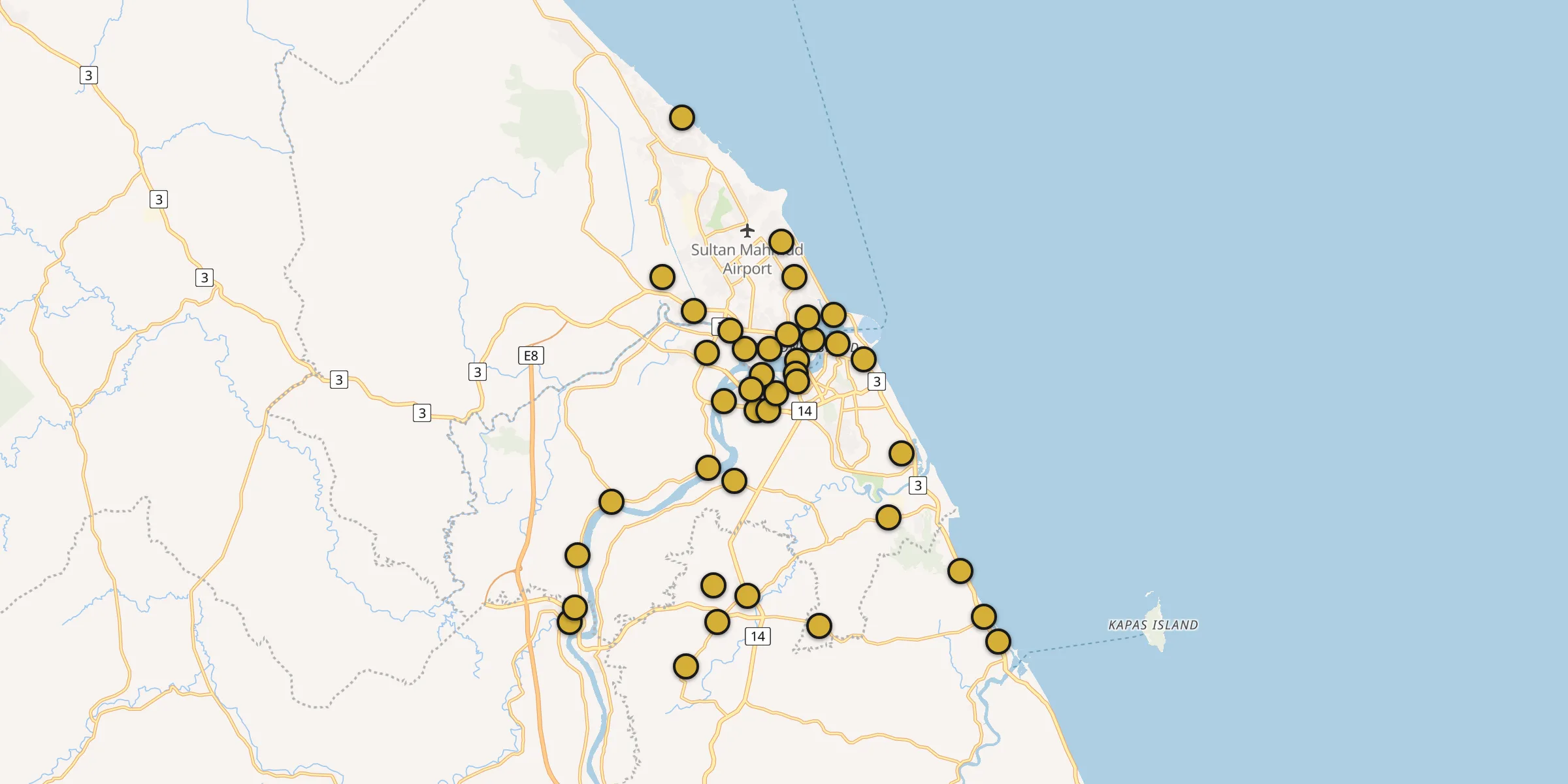 Carte des mosquées à Kuala Terengganu