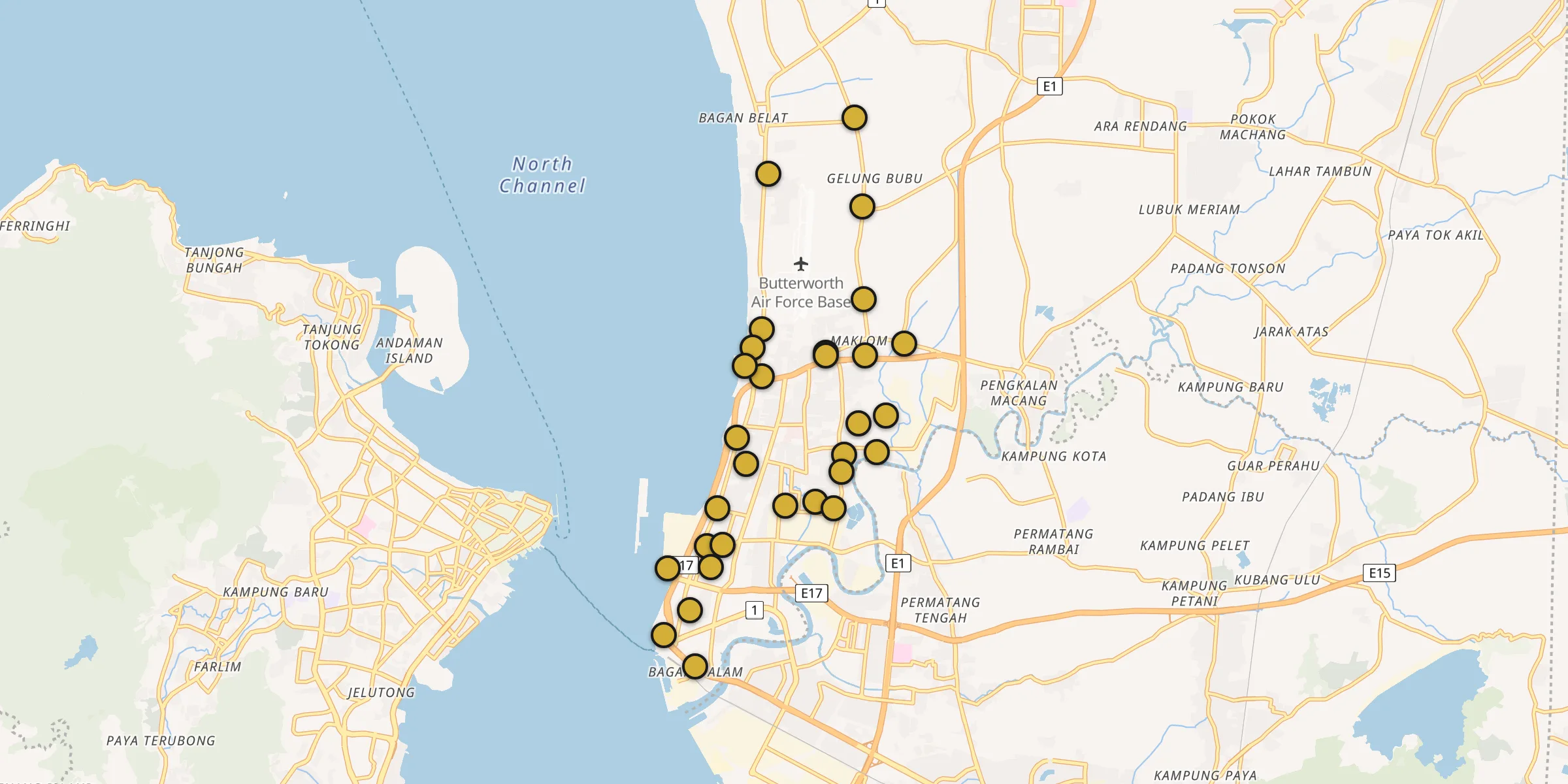 Plan des mosquées à Butterworth : cliquez sur un point pour voir la fiche