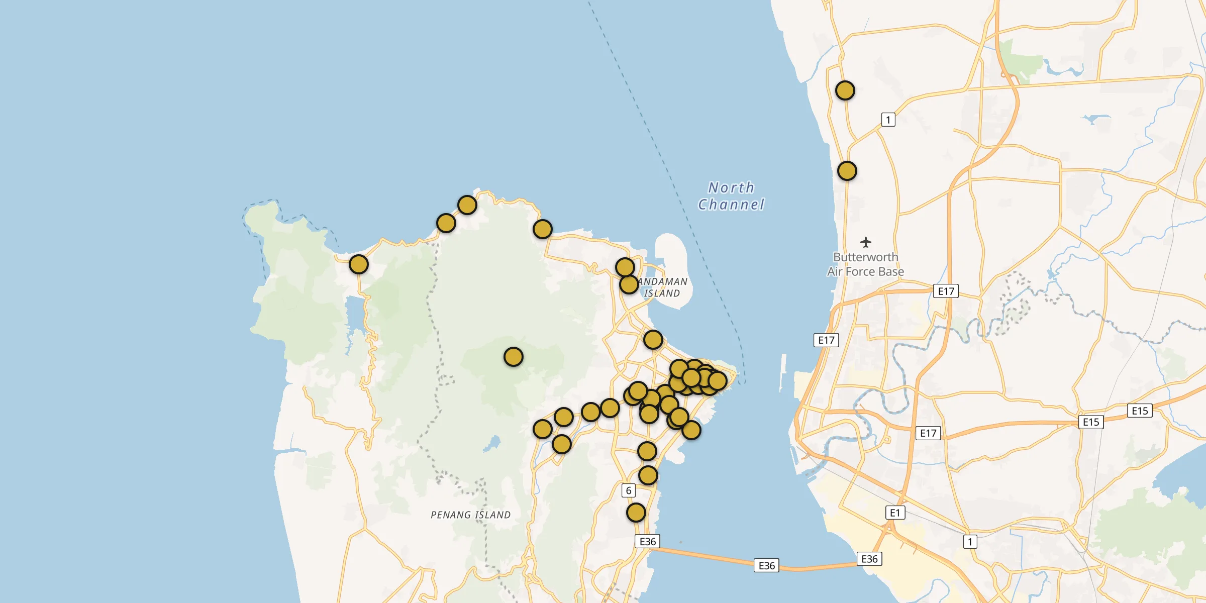 Plan des mosquées à George Town : cliquez sur un point pour voir la fiche