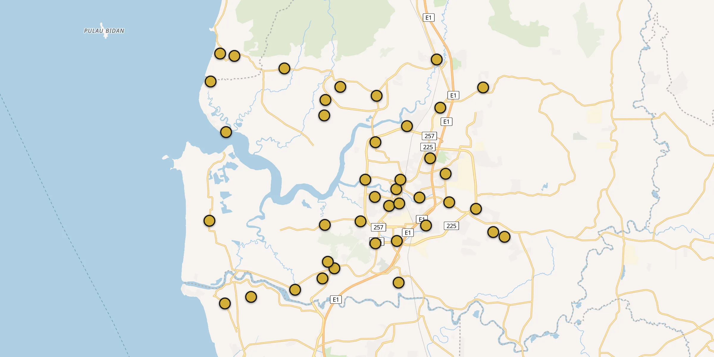 Plan des mosquées à Sungai Petani : cliquez sur un point pour voir la fiche