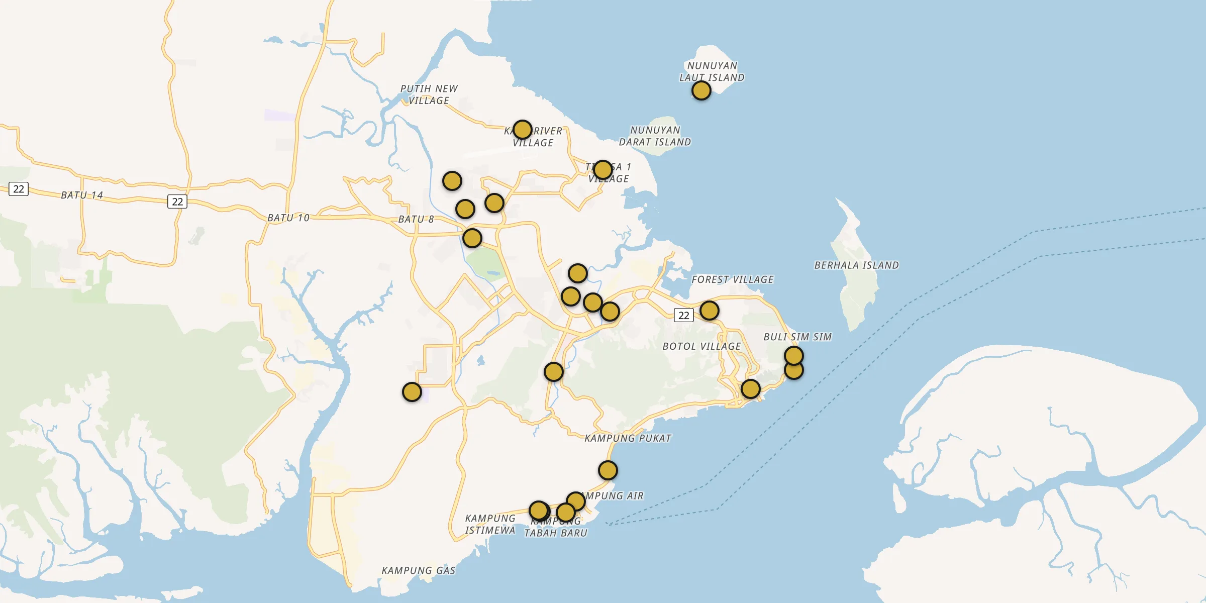 Plan des mosquées à Sandakan : cliquez sur un point pour voir la fiche