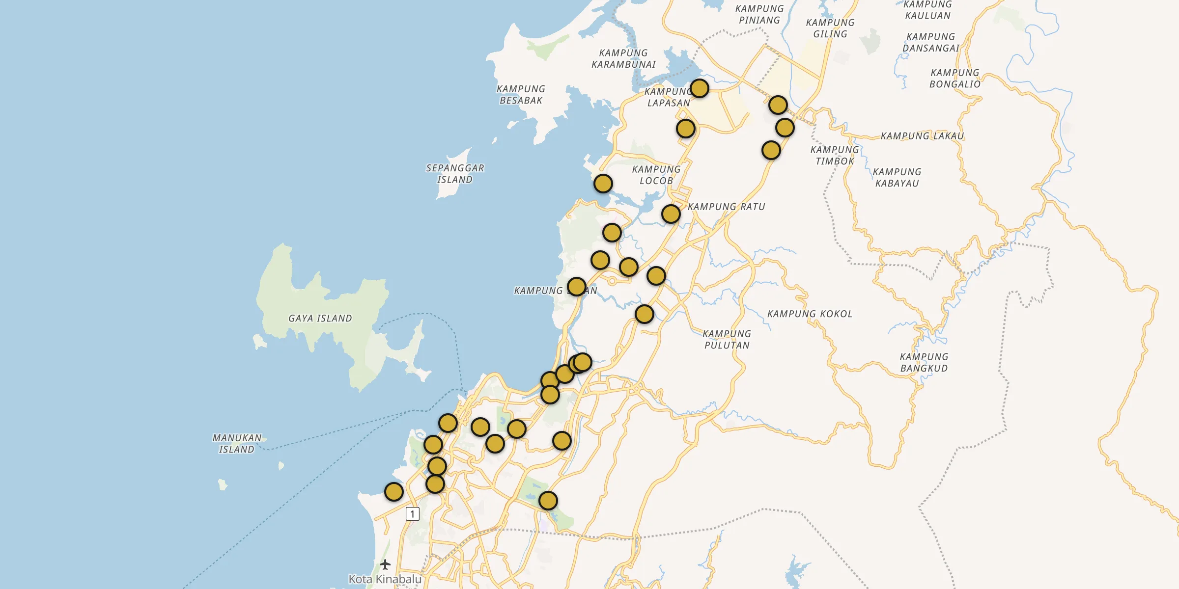 Plan des mosquées à Kota Kinabalu : cliquez sur un point pour voir la fiche