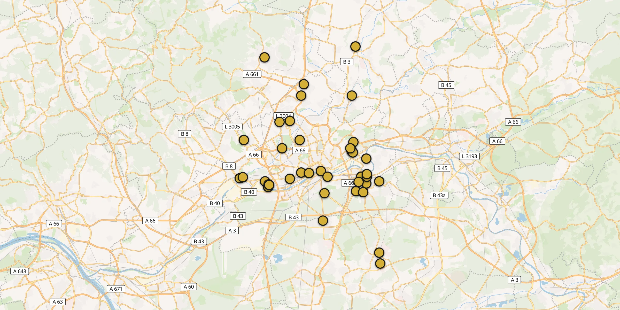Plan des mosquées à Francfort-sur-le-Main : cliquez sur un point pour voir la fiche