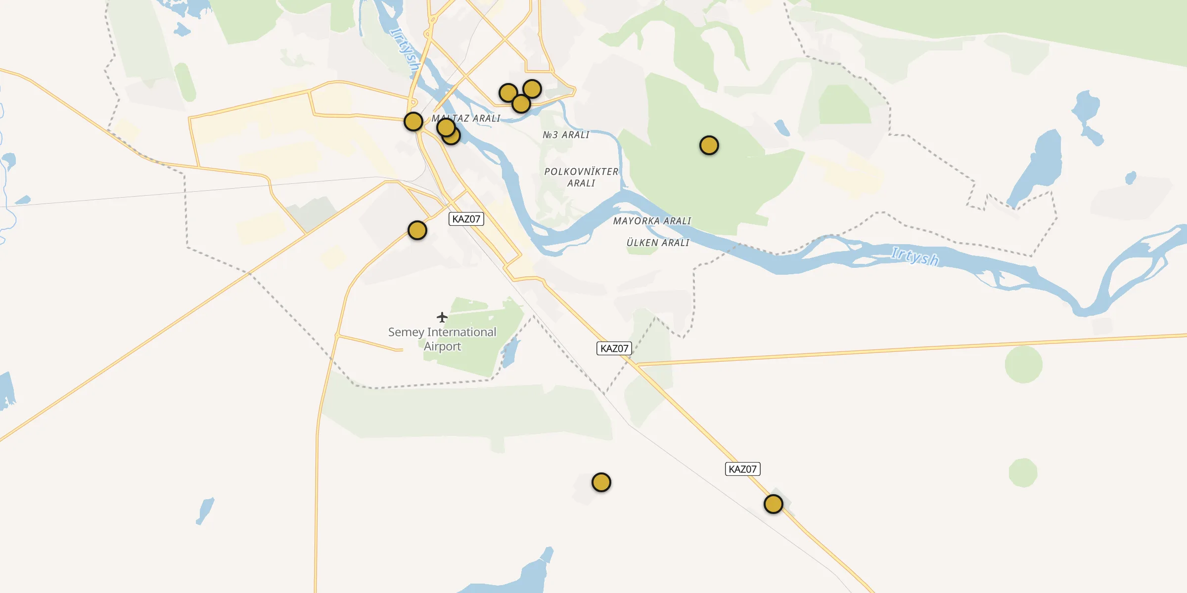Plan des mosquées à Semeï : cliquez sur un point pour voir la fiche