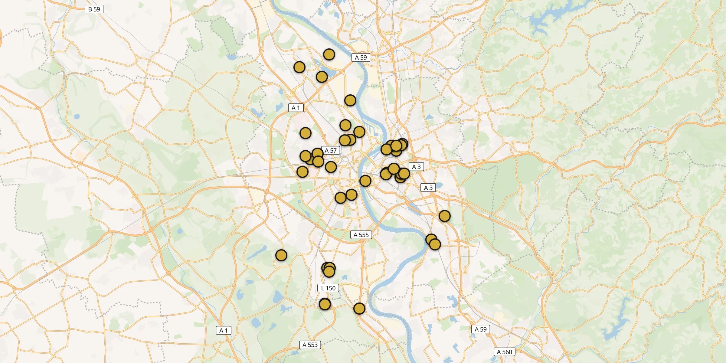 Plan des mosquées à Cologne : cliquez sur un point pour voir la fiche