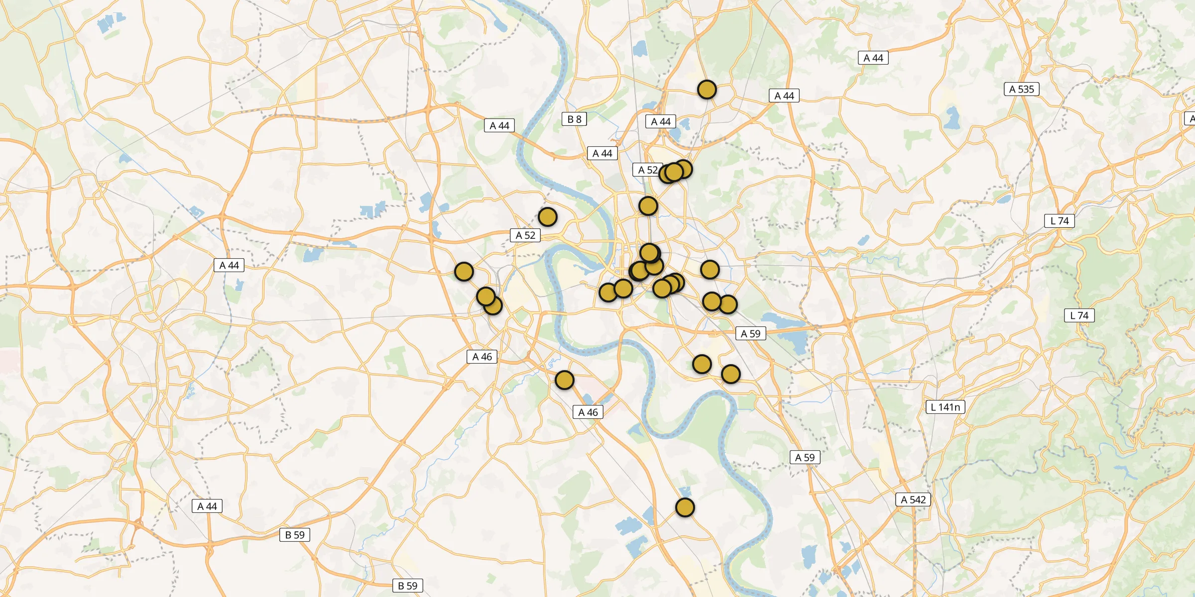 Plan des mosquées à Düsseldorf : cliquez sur un point pour voir la fiche