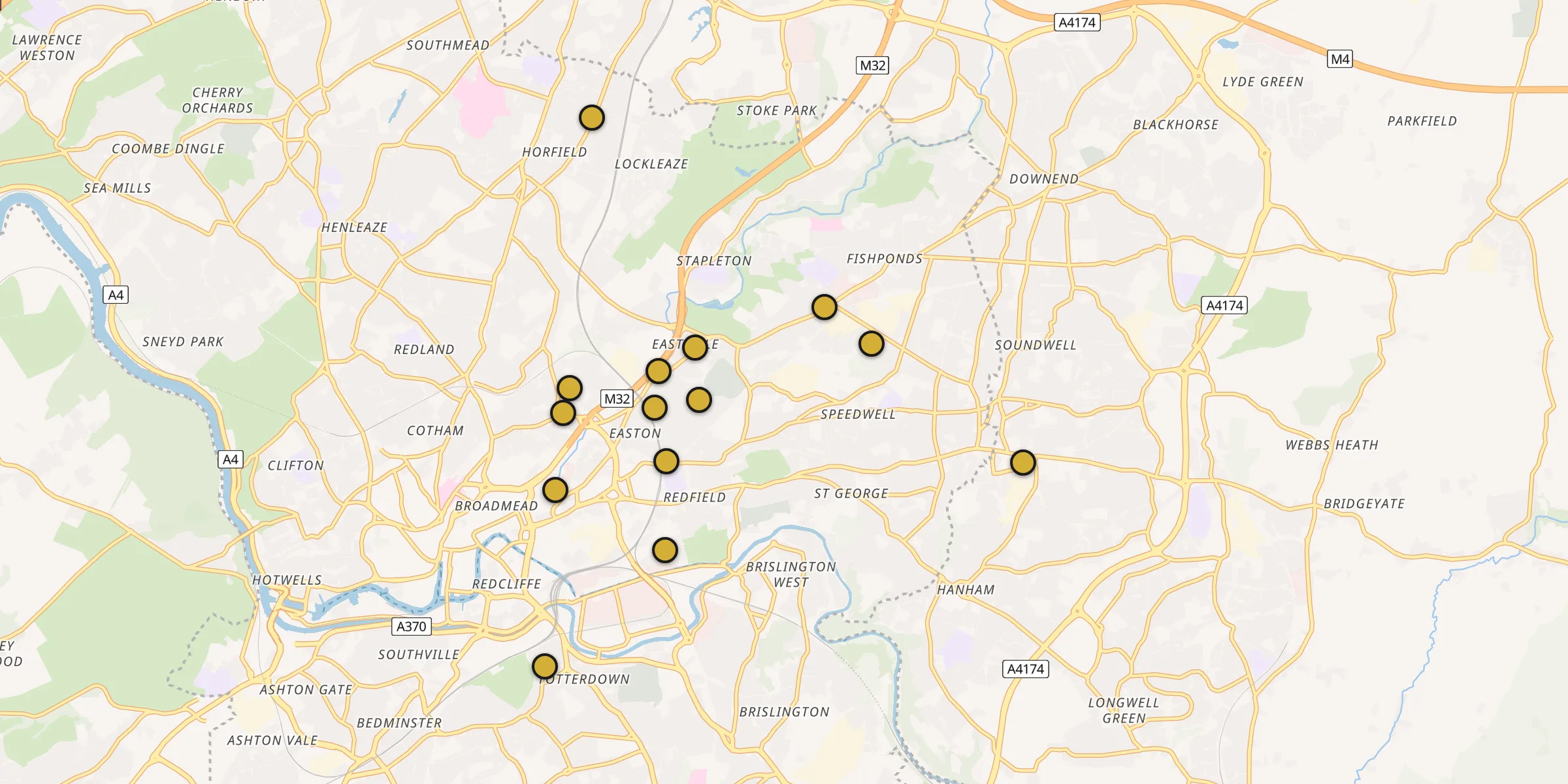 Plan des mosquées à Bristol : cliquez sur un point pour voir la fiche