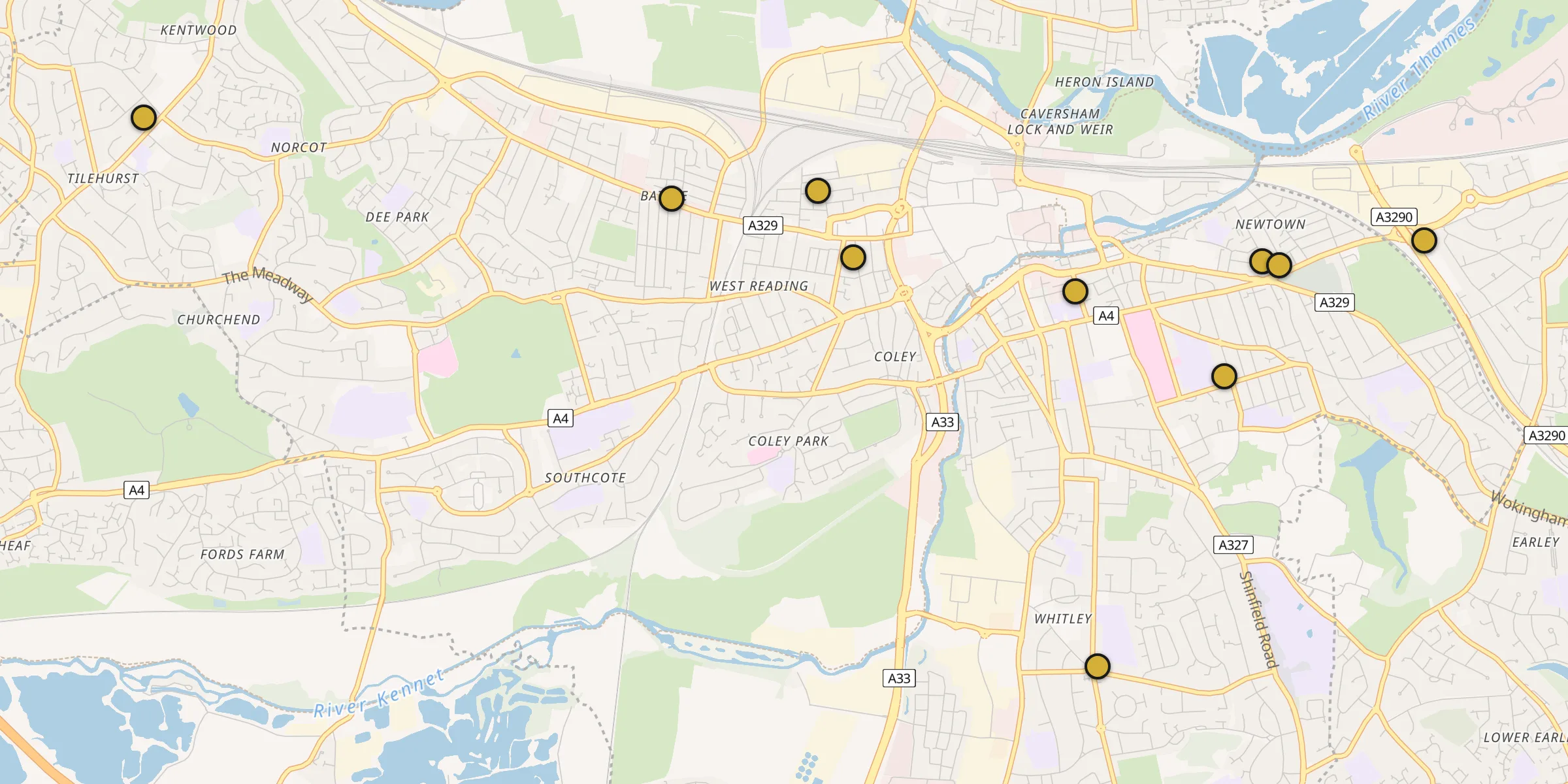 Plan des mosquées à Reading : cliquez sur un point pour voir la fiche