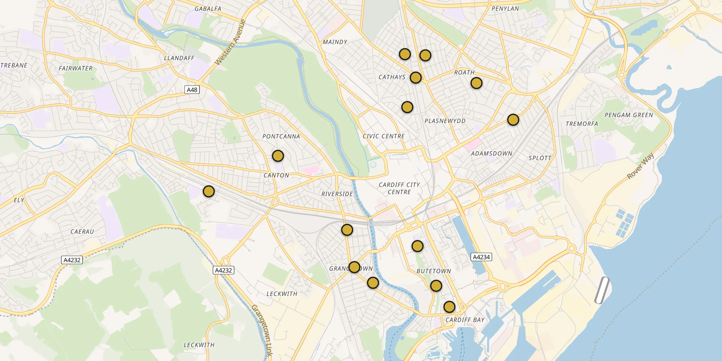 Plan des mosquées à Cardiff : cliquez sur un point pour voir la fiche