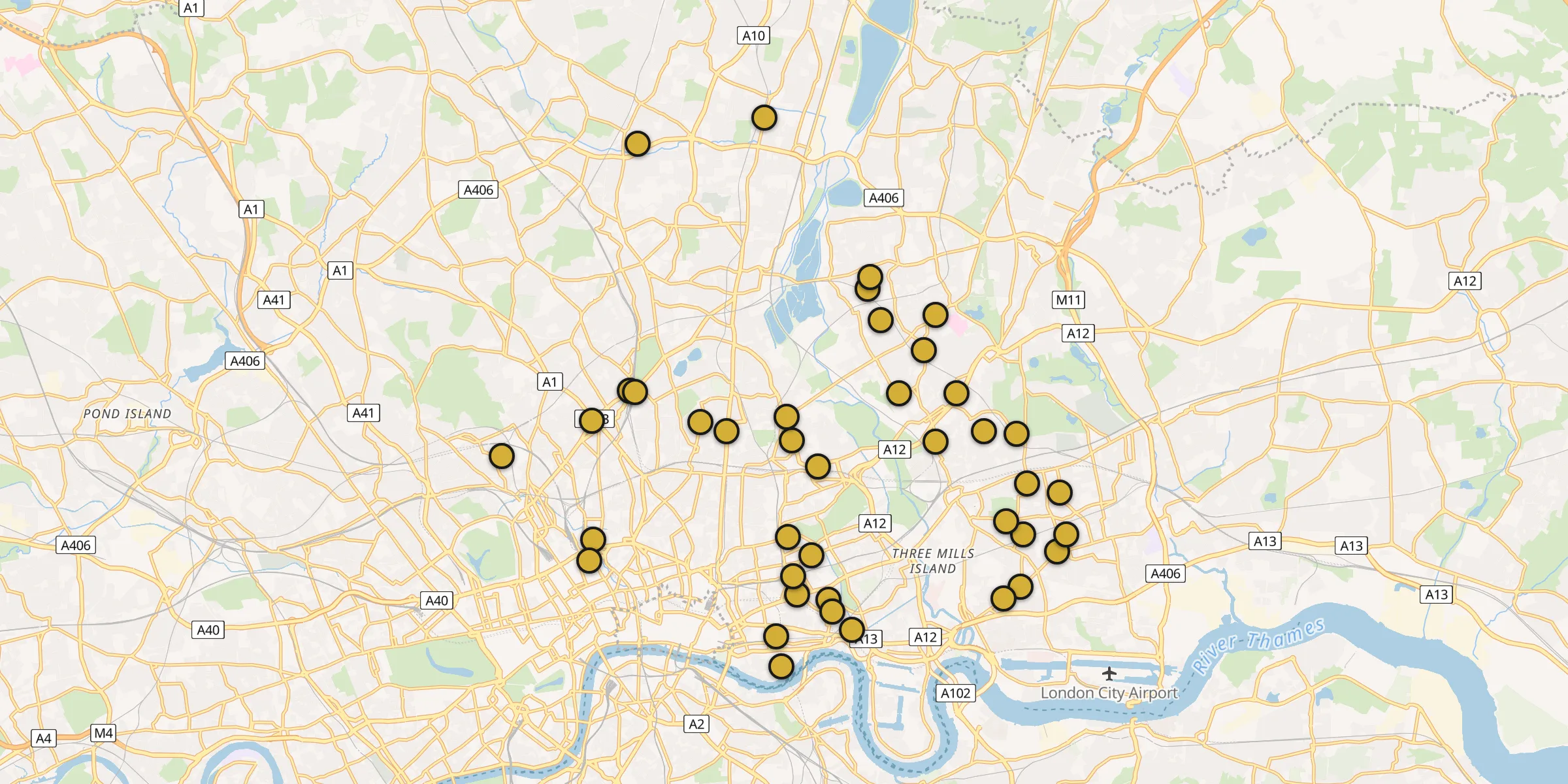 Plan des mosquées à District londonien d'Islington : cliquez sur un point pour voir la fiche