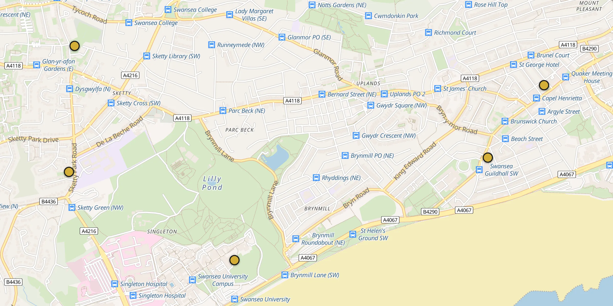 Plan des mosquées à Swansea : cliquez sur un point pour voir la fiche
