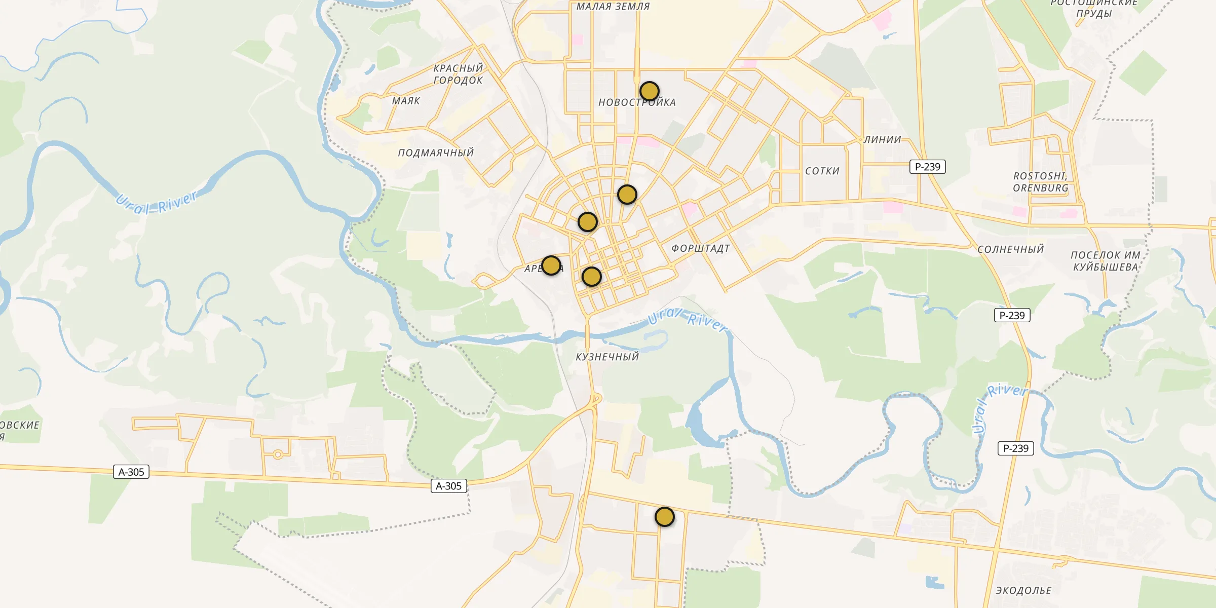 Plan des mosquées à Orenbourg : cliquez sur un point pour voir la fiche
