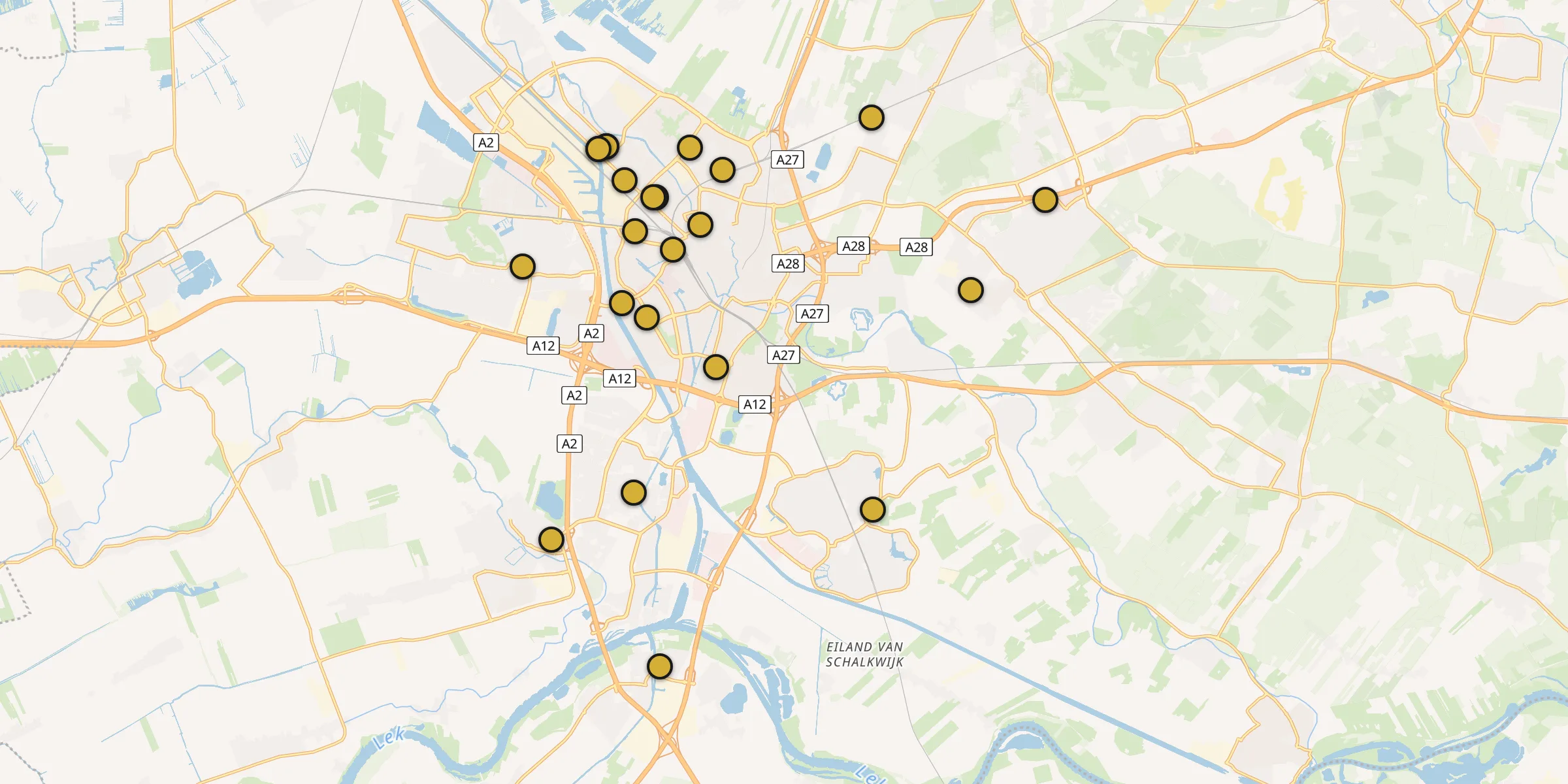 Plan des mosquées à Utrecht : cliquez sur un point pour voir la fiche