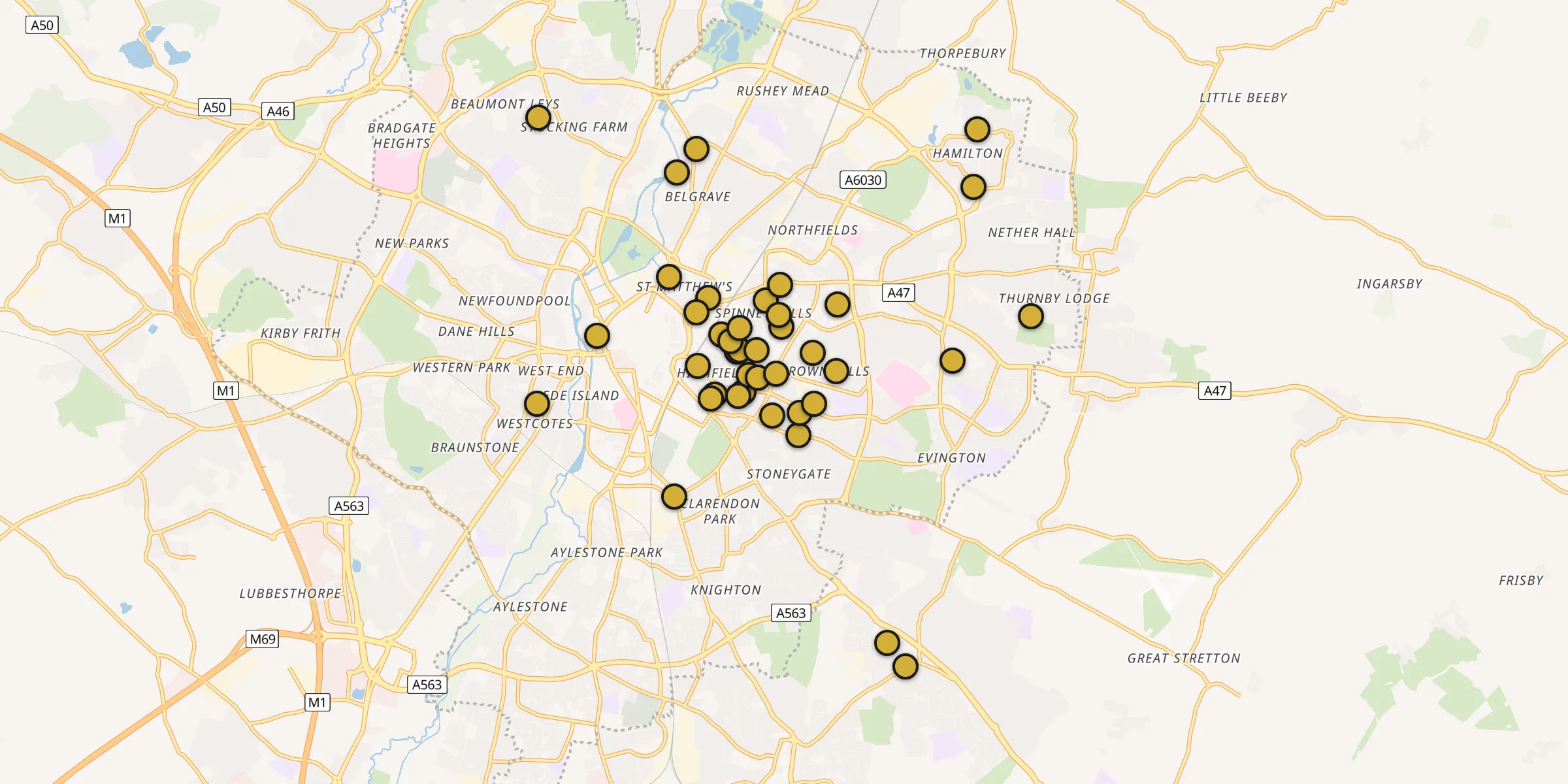 Plan des mosquées à Leicester : cliquez sur un point pour voir la fiche