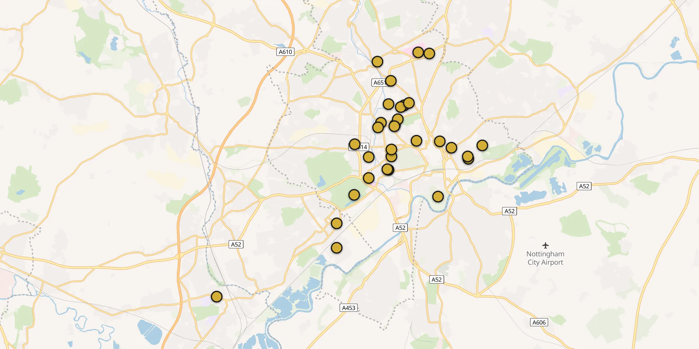 Plan des mosquées à Nottingham : cliquez sur un point pour voir la fiche