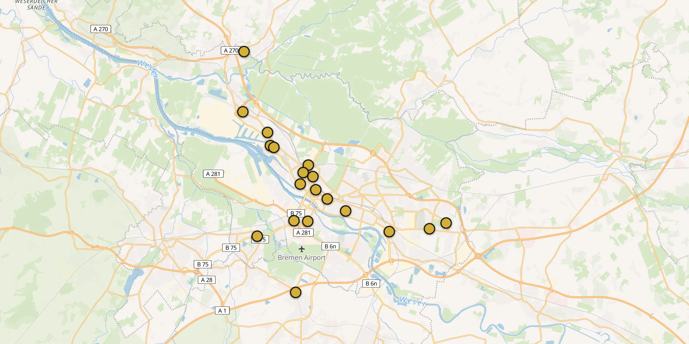 Plan des mosquées à Brême : cliquez sur un point pour voir la fiche