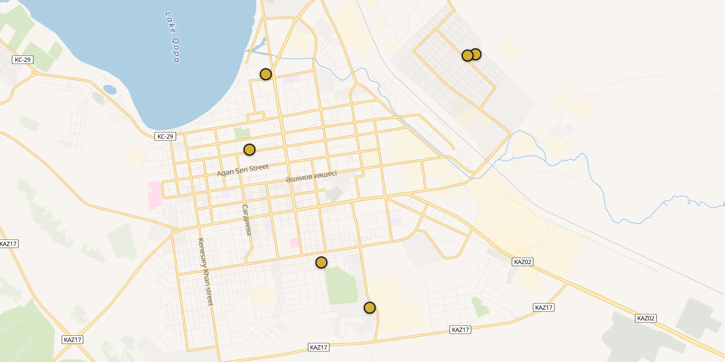 Plan des mosquées à Kokchetaou : cliquez sur un point pour voir la fiche