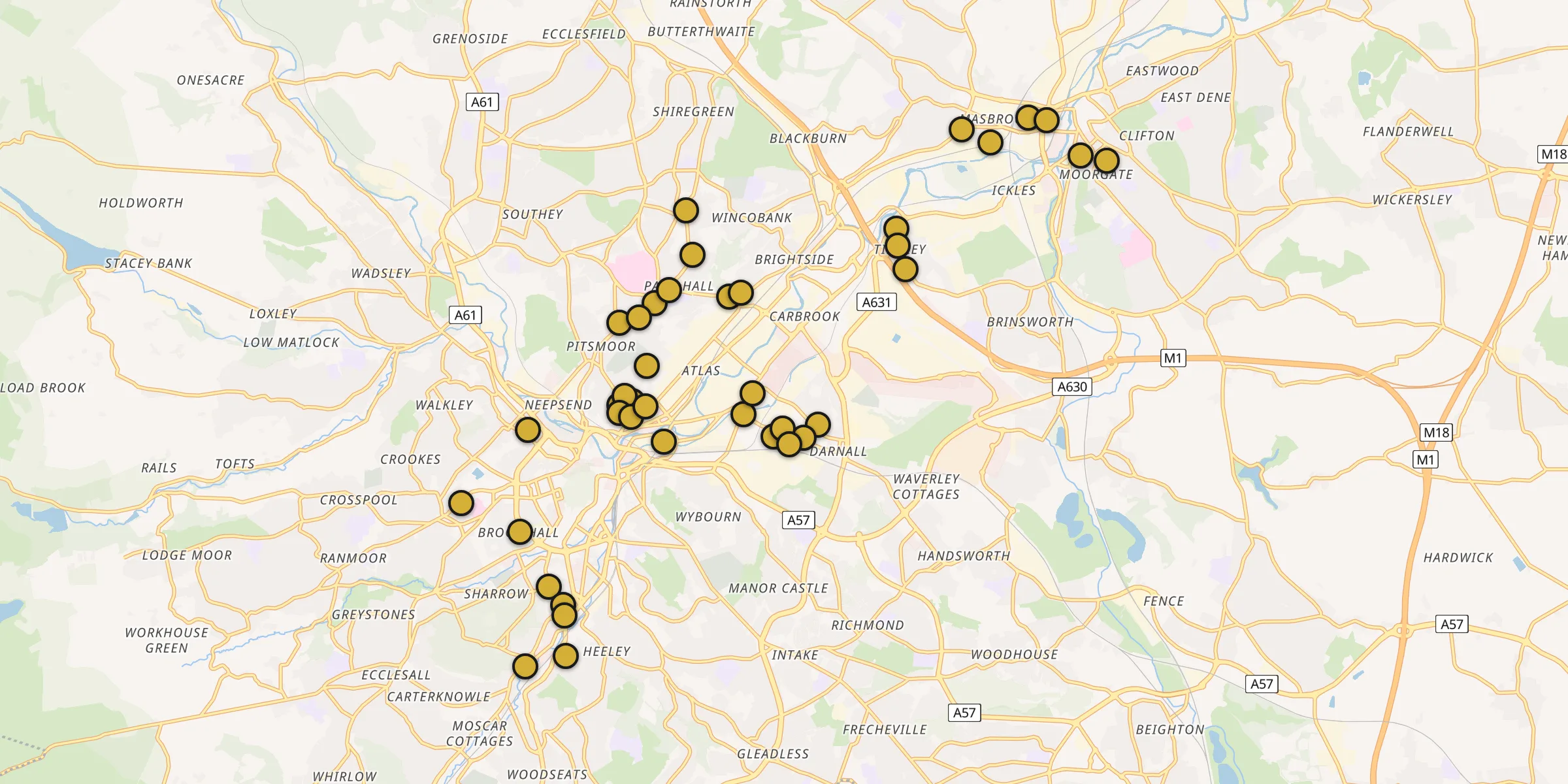 Plan des mosquées à Sheffield : cliquez sur un point pour voir la fiche