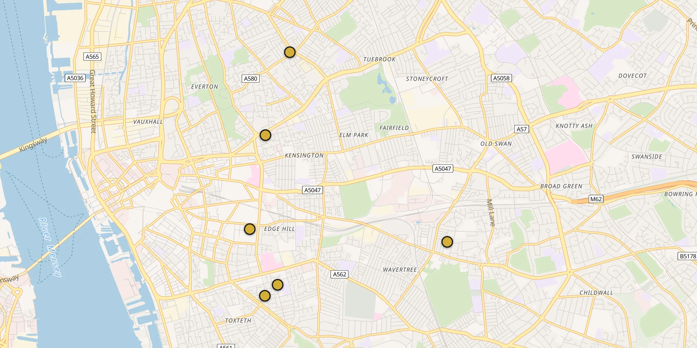 Plan des mosquées à Liverpool : cliquez sur un point pour voir la fiche