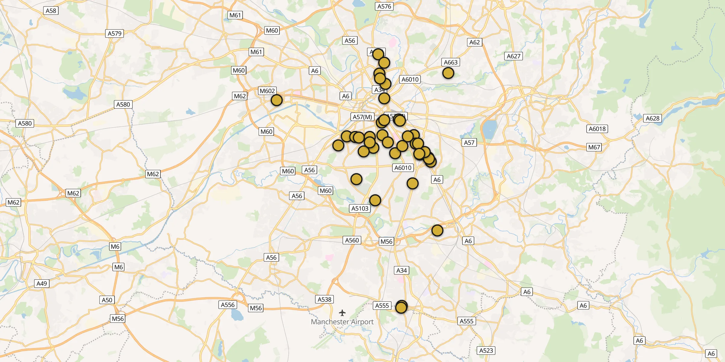 Plan des mosquées à Manchester : cliquez sur un point pour voir la fiche