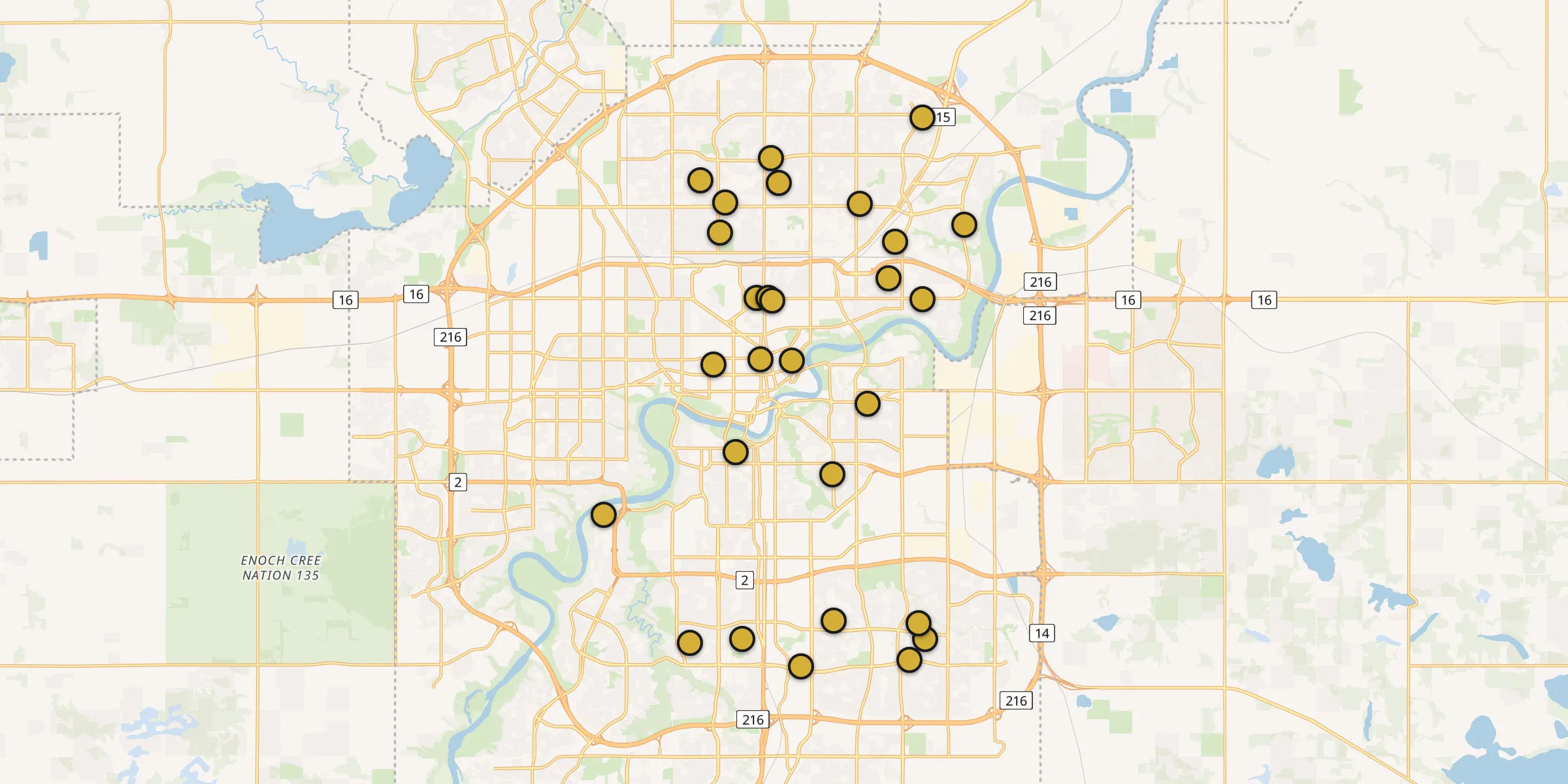 Plan des mosquées à Edmonton : cliquez sur un point pour voir la fiche