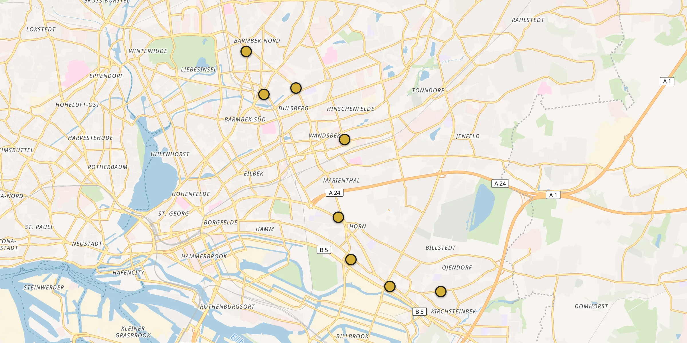 Plan des mosquées à Wandsbek : cliquez sur un point pour voir la fiche