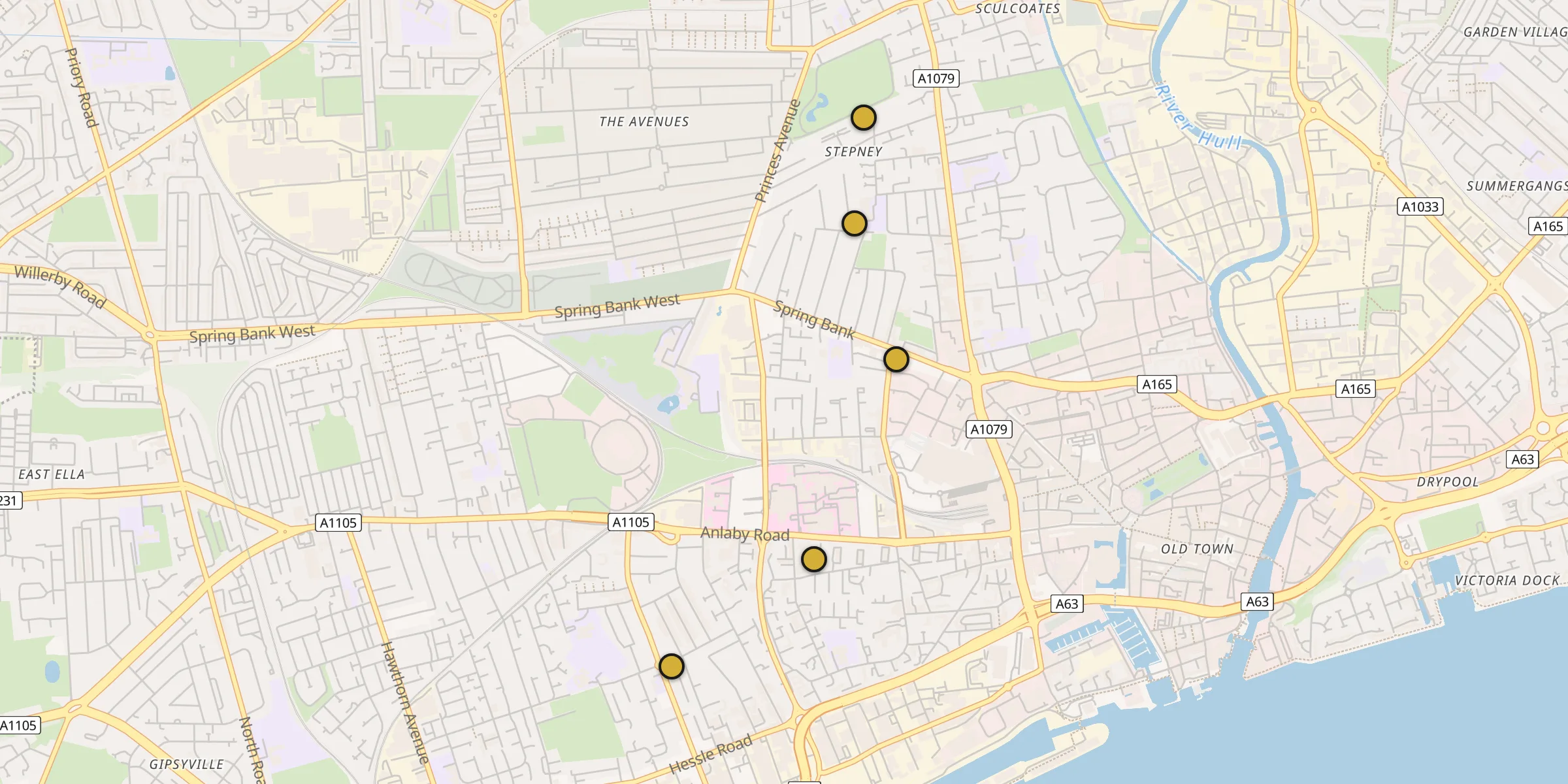Plan des mosquées à Kingston-upon-Hull : cliquez sur un point pour voir la fiche
