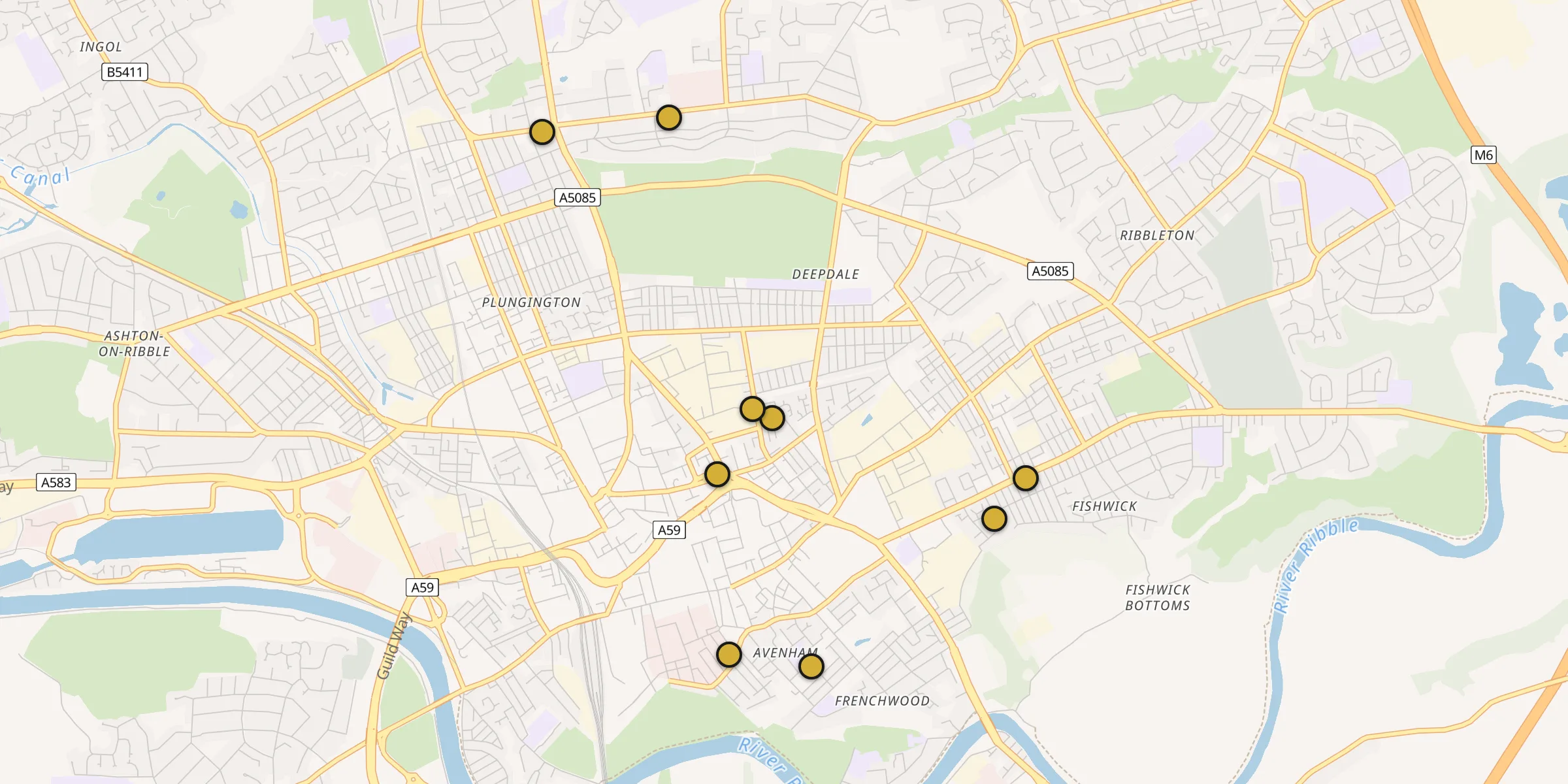 Plan des mosquées à Preston : cliquez sur un point pour voir la fiche