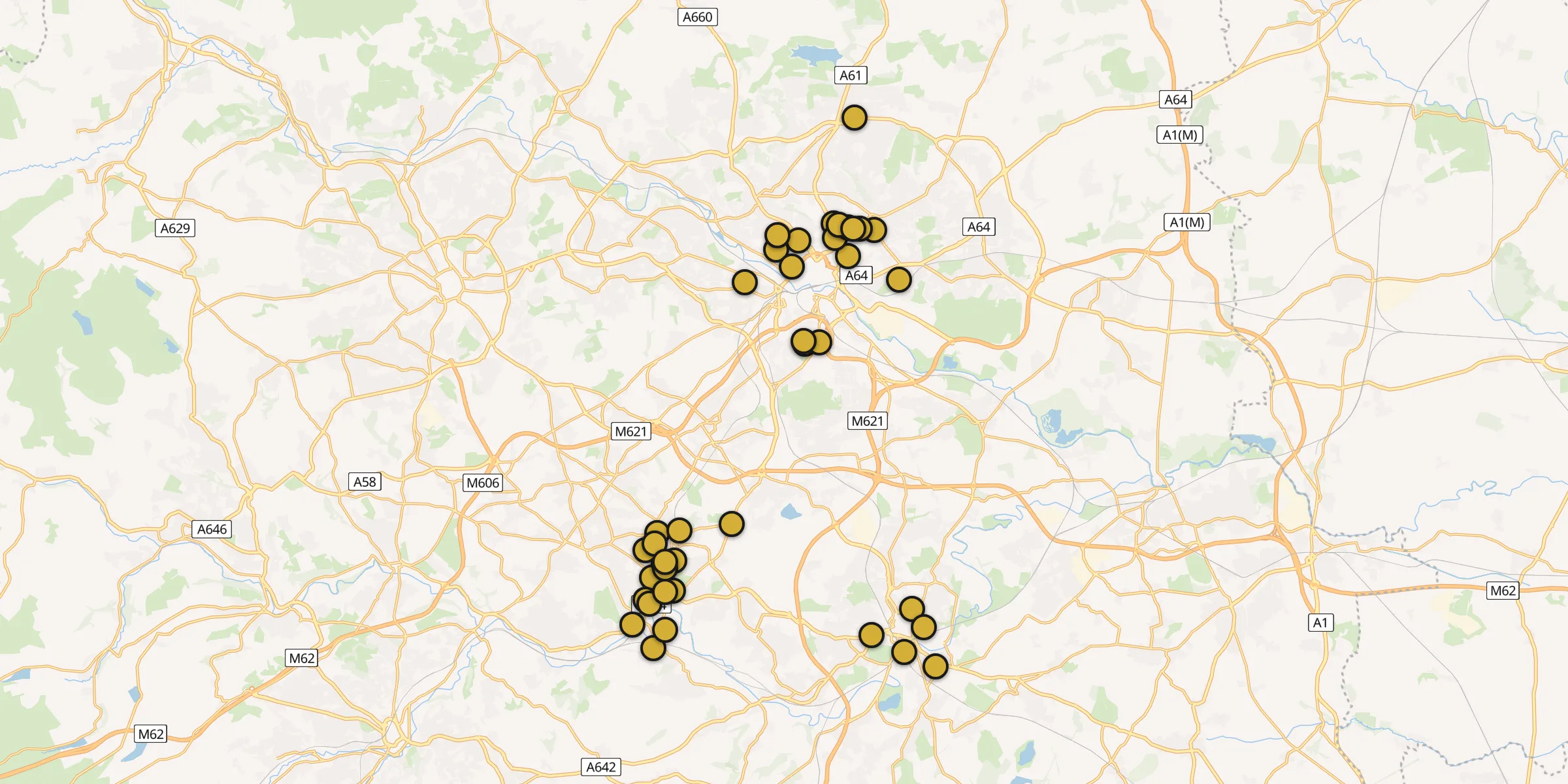 Plan des mosquées à Leeds : cliquez sur un point pour voir la fiche