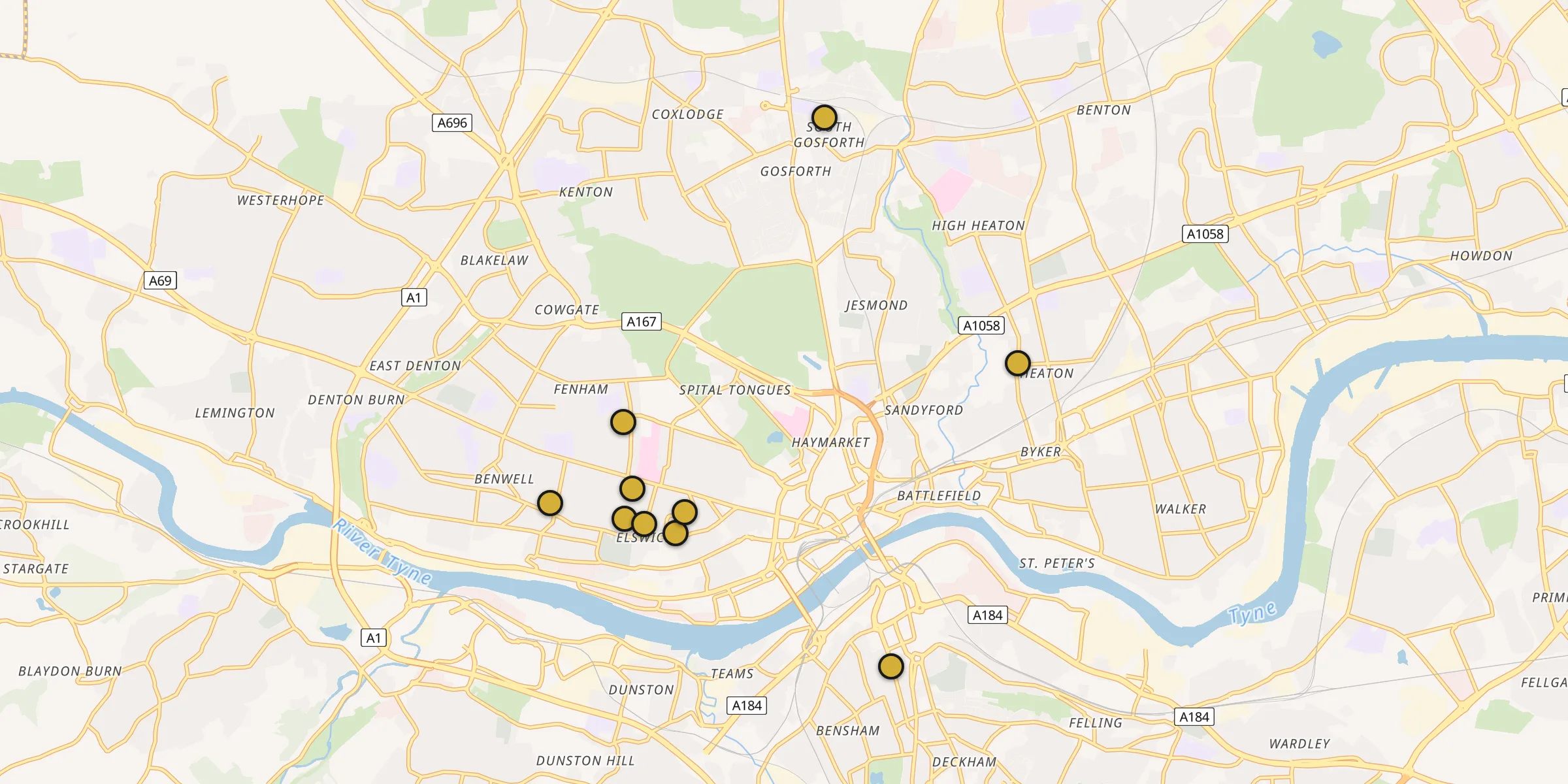 Plan des mosquées à Newcastle-upon-Tyne : cliquez sur un point pour voir la fiche