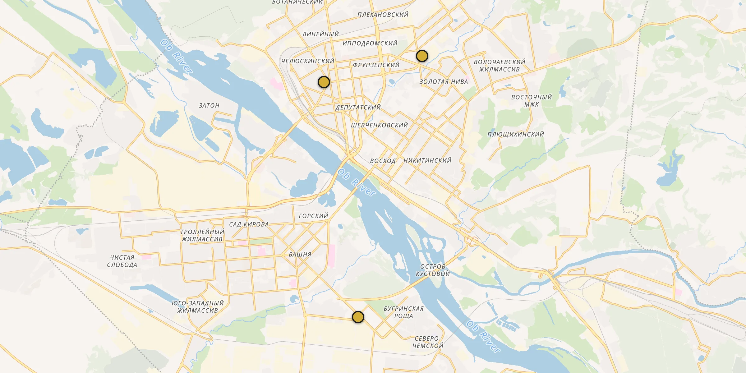Plan des mosquées à Novossibirsk : cliquez sur un point pour voir la fiche