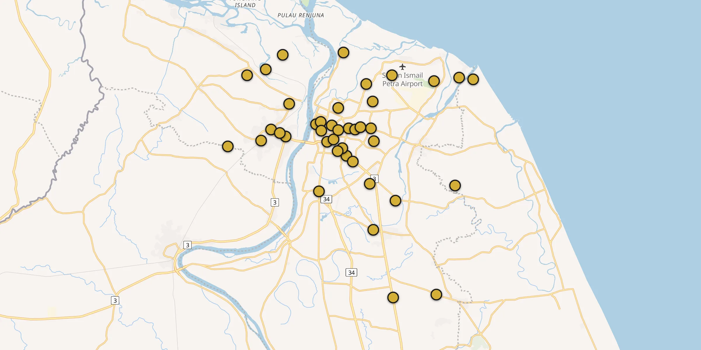 Plan des mosquées à Kota Bahru : cliquez sur un point pour voir la fiche