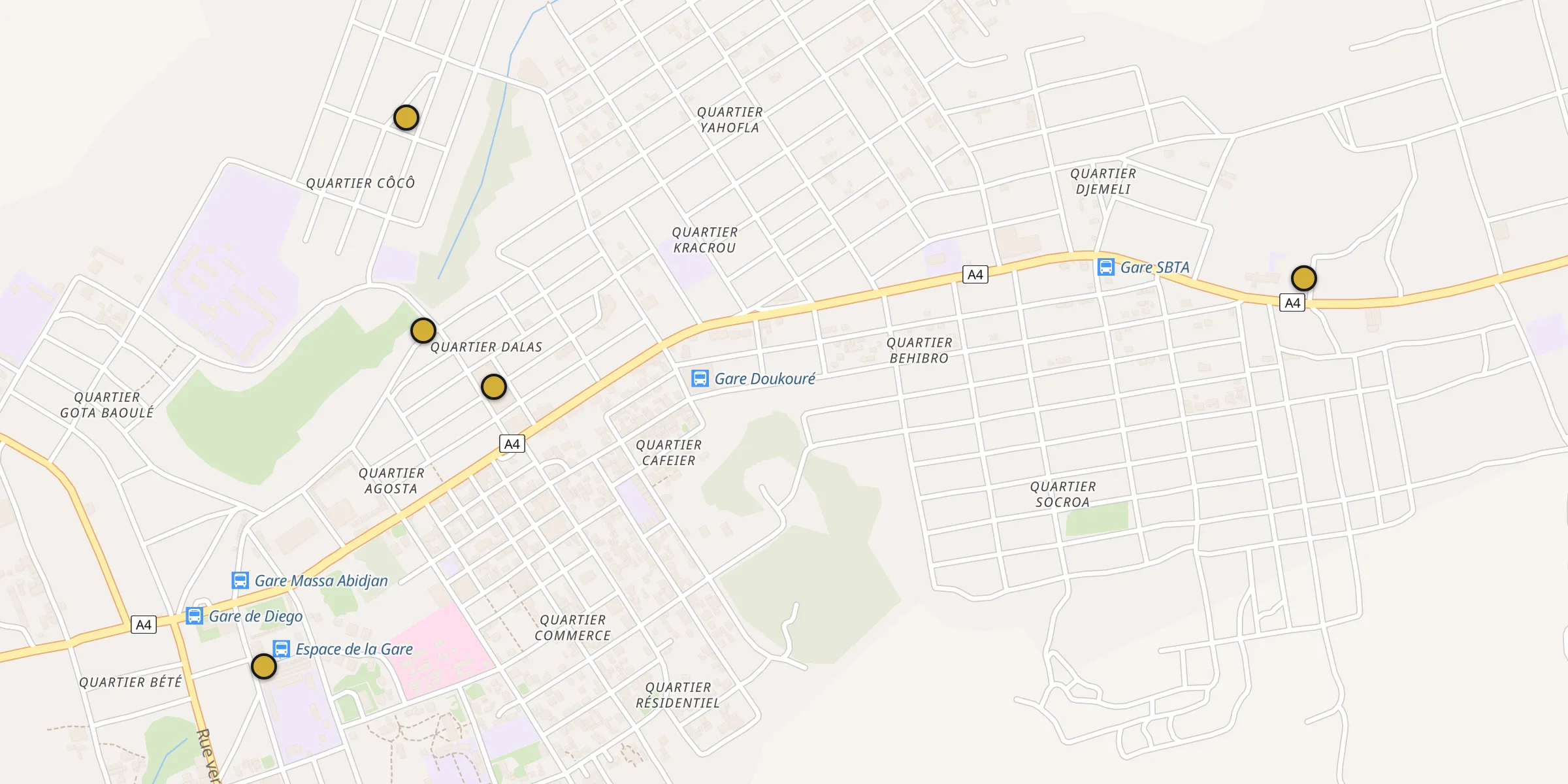 Plan des mosquées à Oumé : cliquez sur un point pour voir la fiche