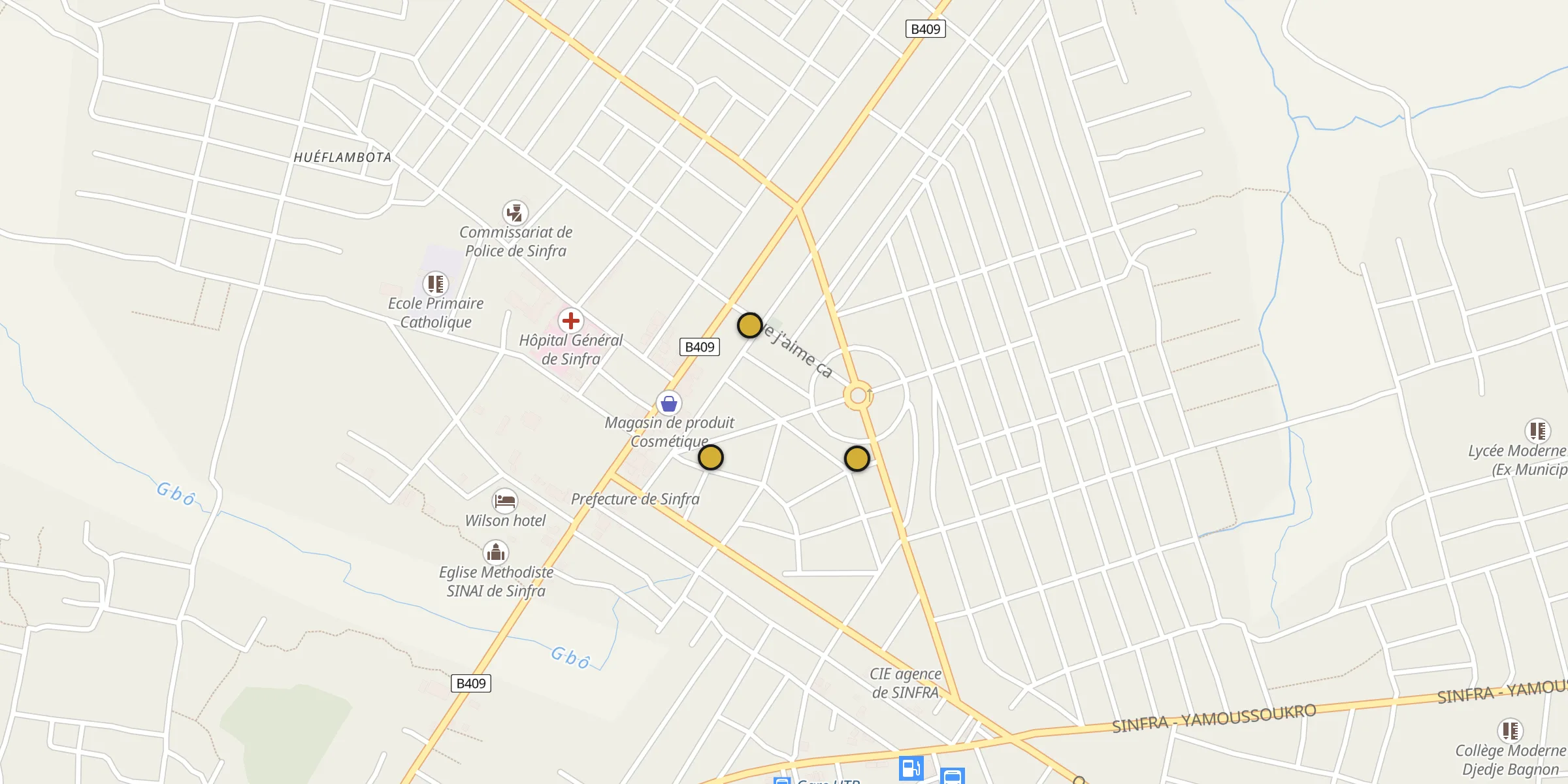 Plan des mosquées à Sinfra : cliquez sur un point pour voir la fiche