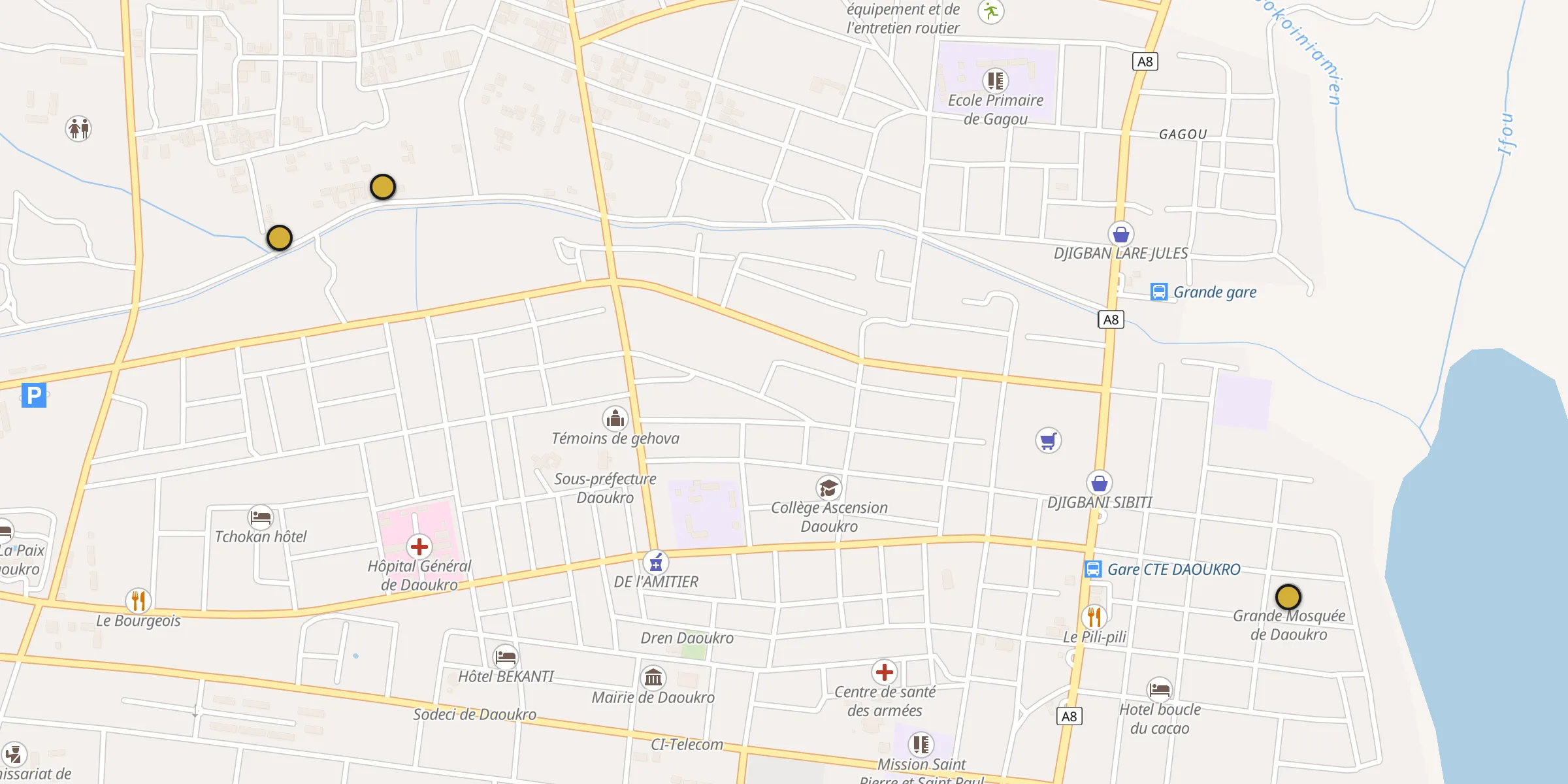 Plan des mosquées à Daoukro : cliquez sur un point pour voir la fiche