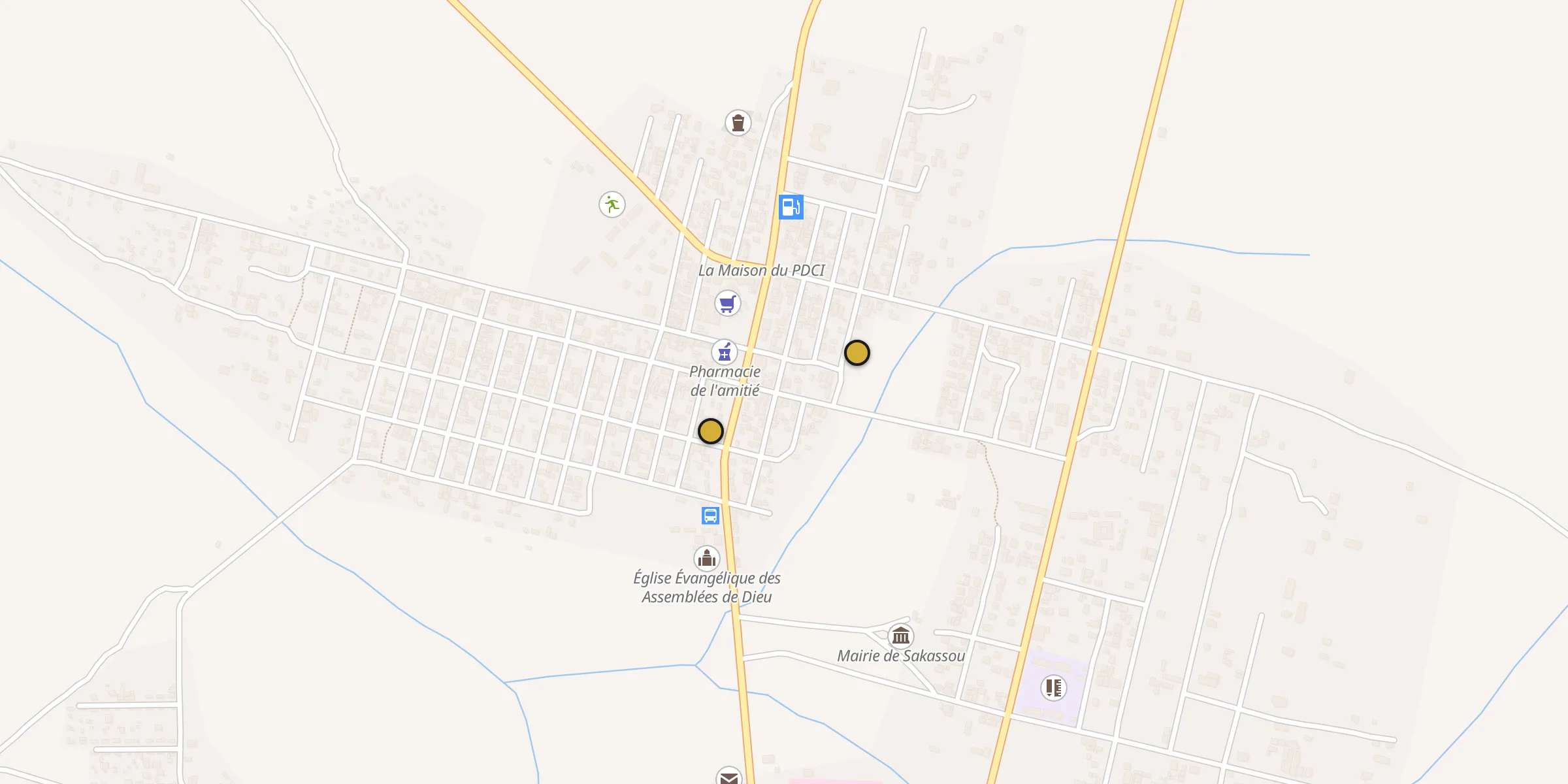 Plan des mosquées à Sakassou : cliquez sur un point pour voir la fiche