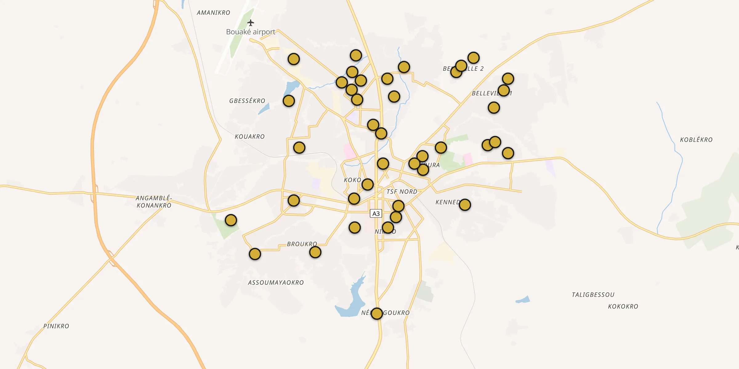Carte des mosquées à Bouaké