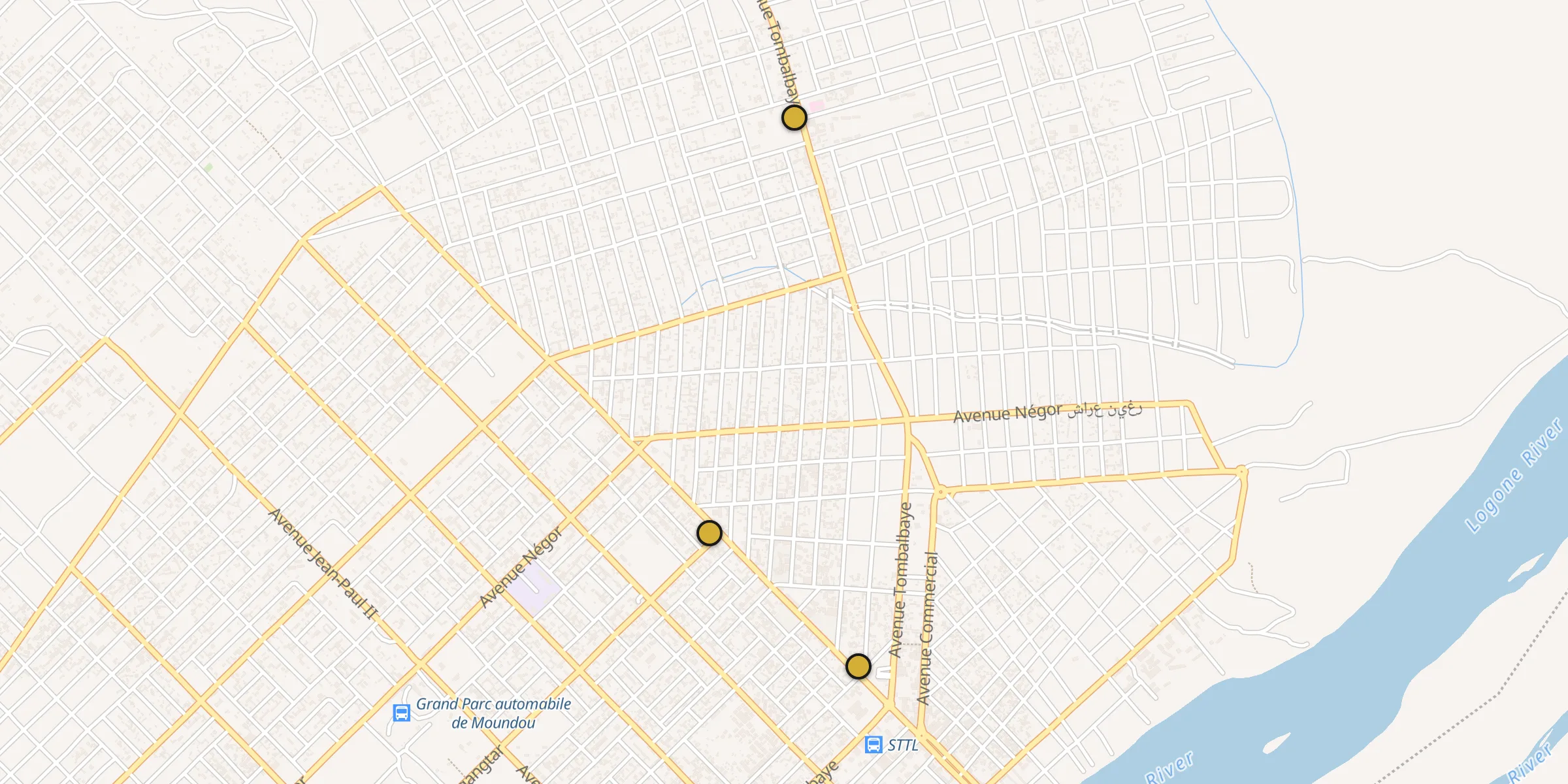 Plan des mosquées à Moundou : cliquez sur un point pour voir la fiche