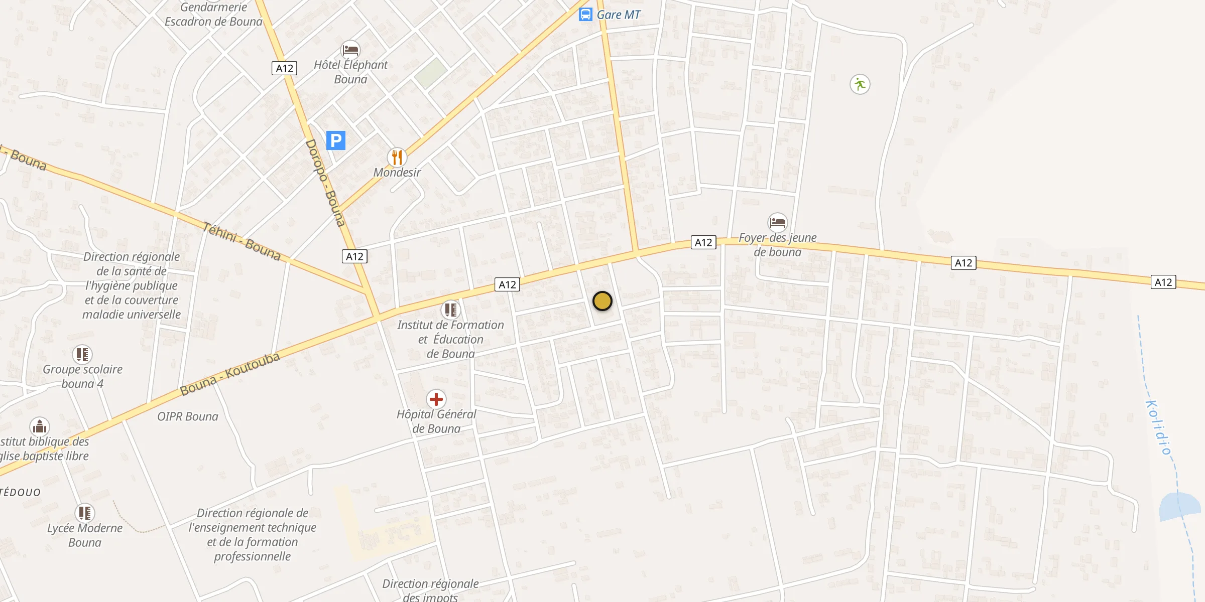 Plan des mosquées à Bouna : cliquez sur un point pour voir la fiche