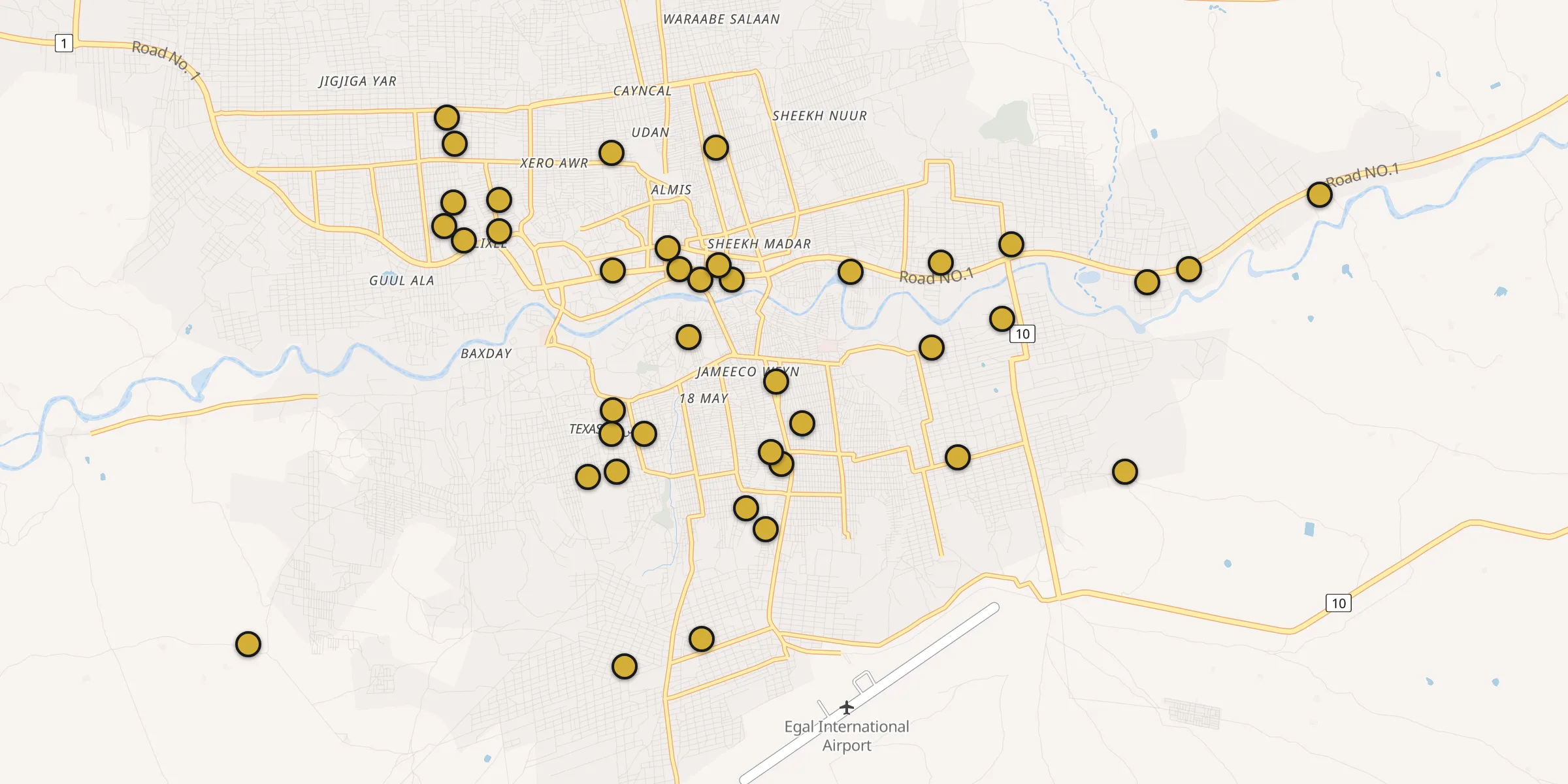 Plan des mosquées à Hargeysa : cliquez sur un point pour voir la fiche